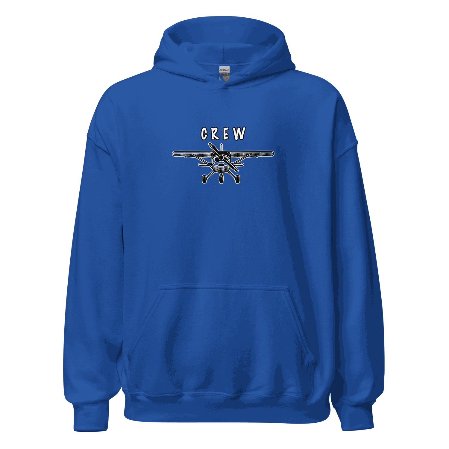 Blue Crew Unisex Hoodie with airplane graphic and front pouch pocket, made of soft cotton-polyester blend