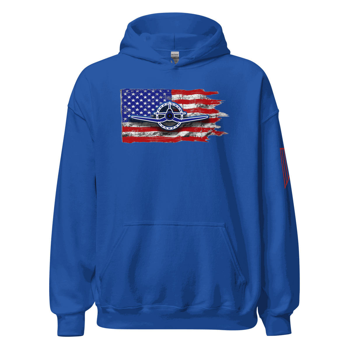 F4U Flag Unisex Hoodie front view with double-lined hood and front pouch pocket