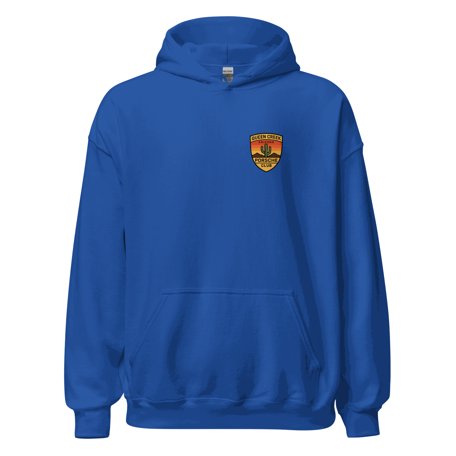 Queen Creek PCAR Club unisex hoodie in blue with front pouch pocket and club logo on chest