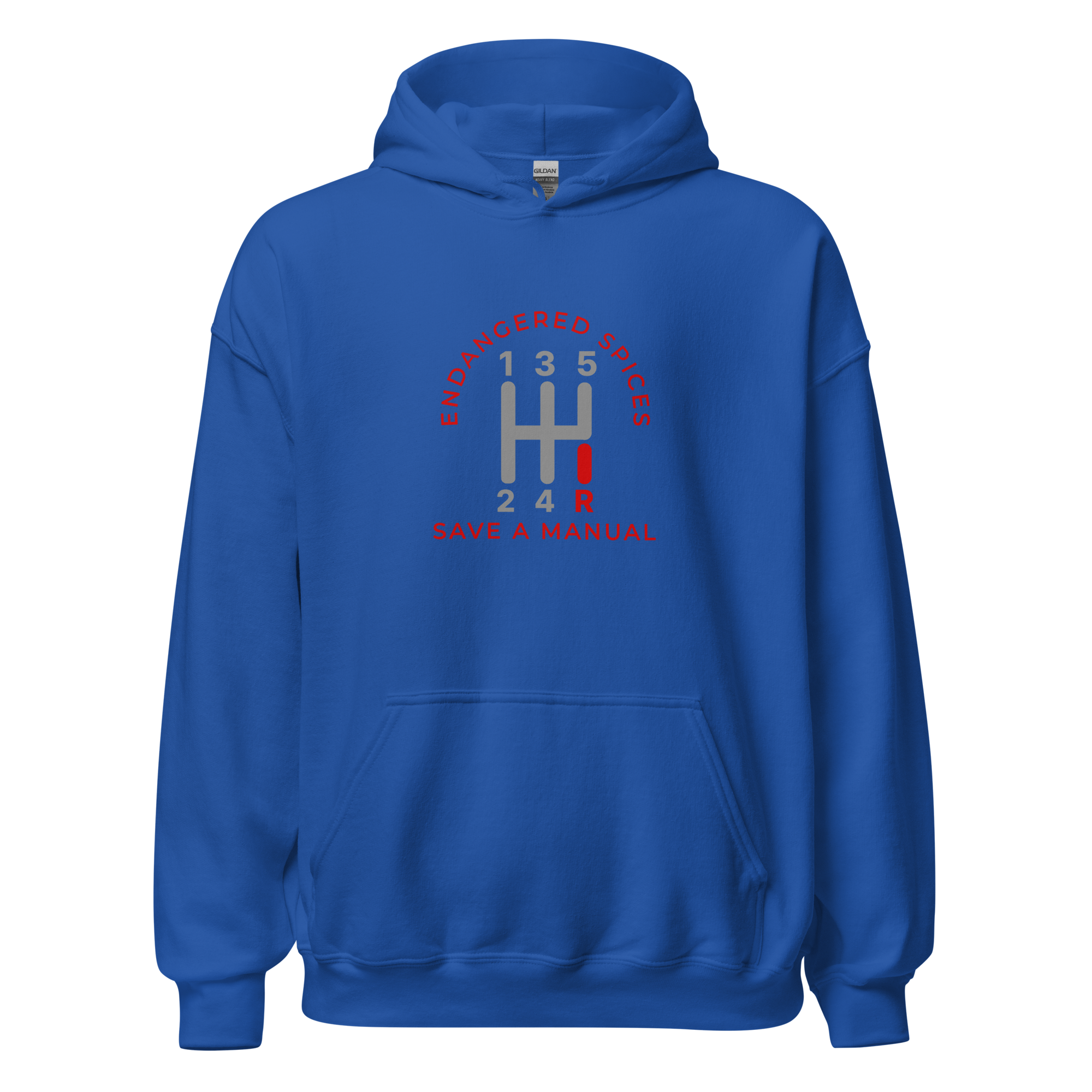 Blue endangered species hoodie with manual transmission gear design and &quot;Save a Manual&quot; text