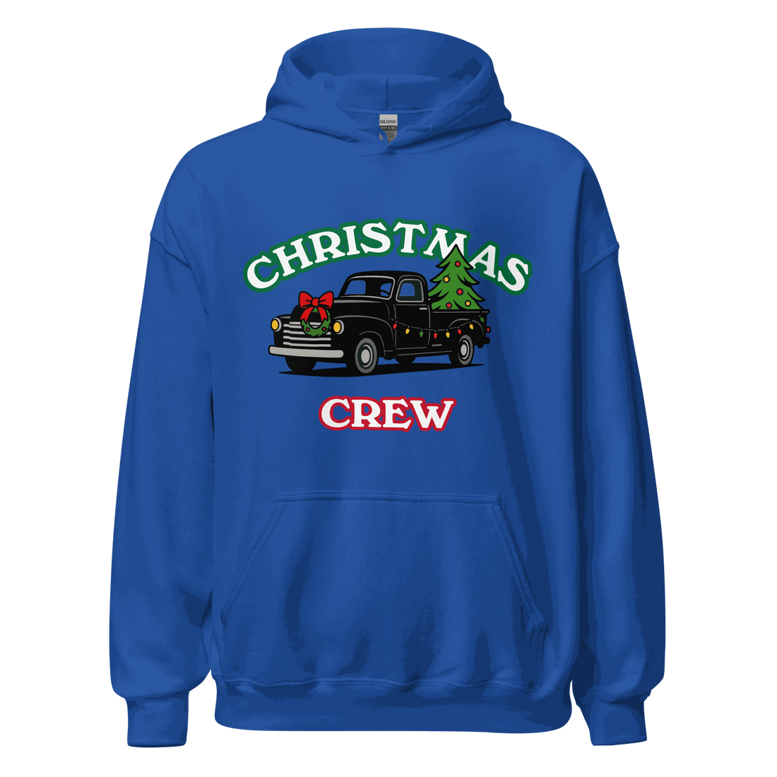 Blue Christmas Crew hoodie with vintage truck and tree graphic, festive holiday sweatshirt