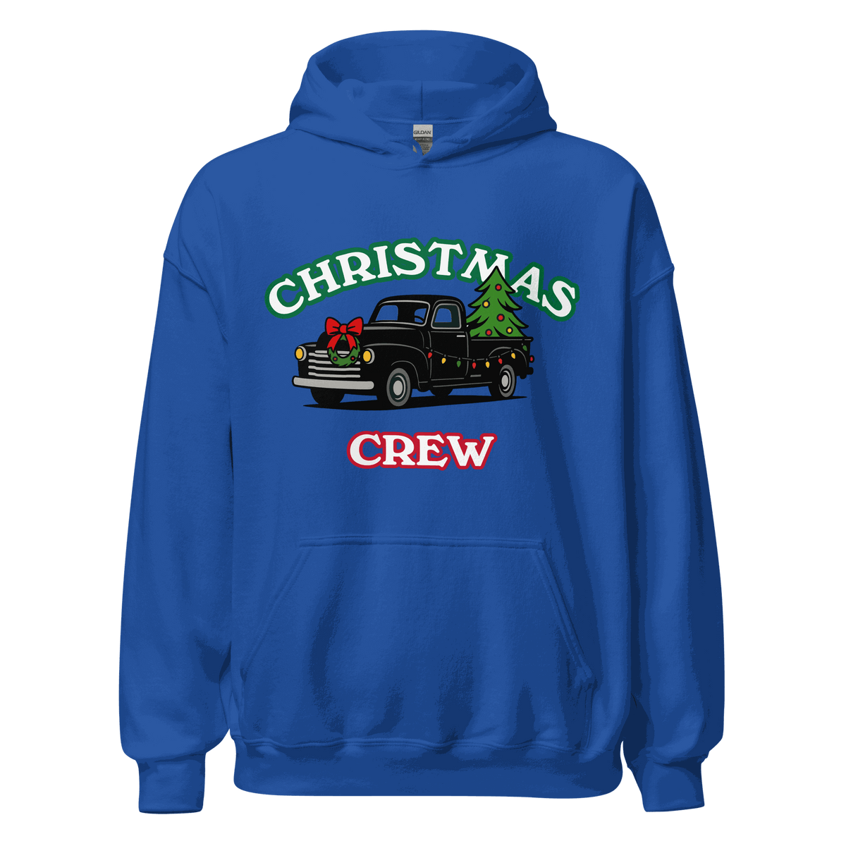 Blue Christmas Crew hoodie with vintage truck and tree graphic, festive holiday sweatshirt