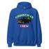 Blue Christmas Crew hoodie with vintage truck and tree graphic, festive holiday sweatshirt