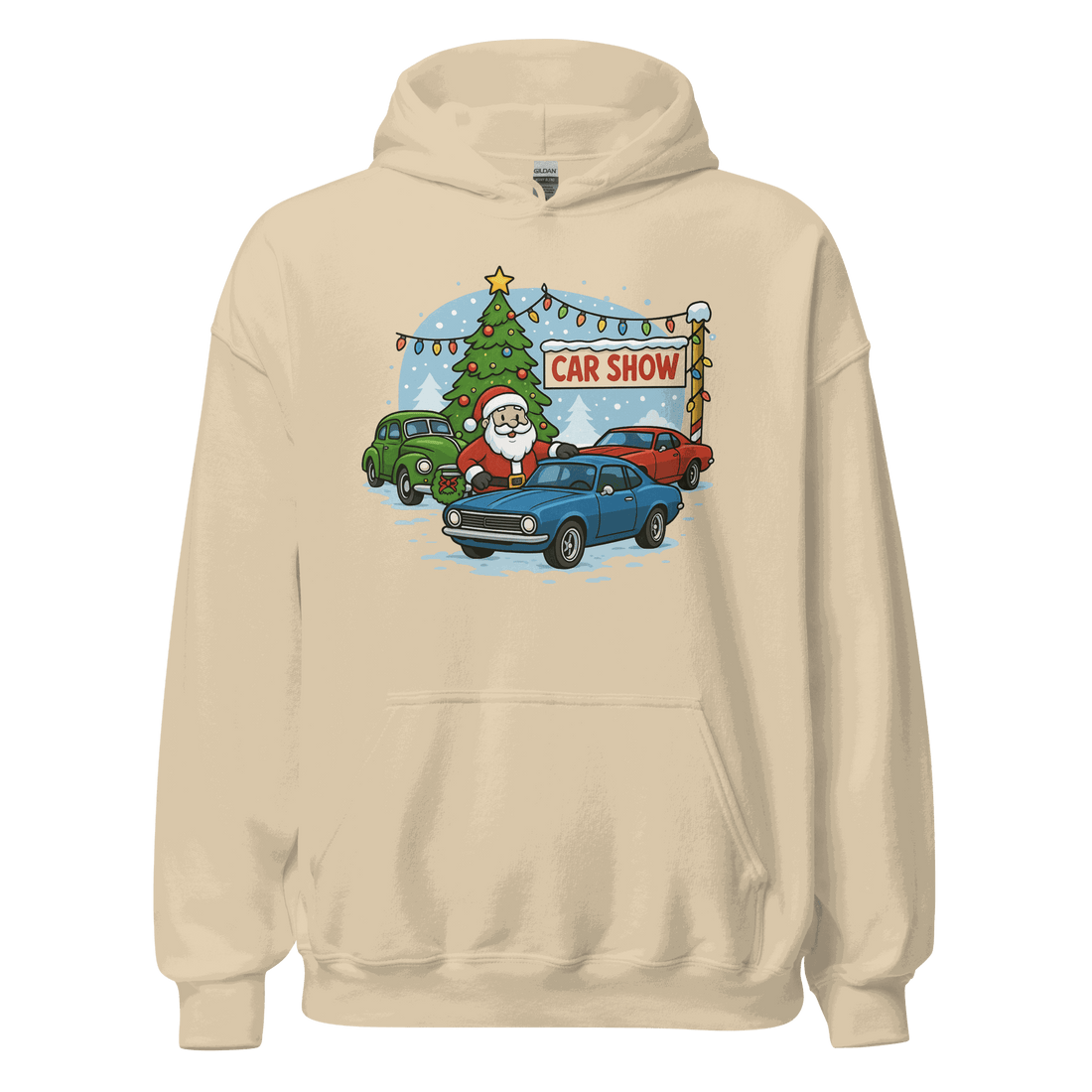 Beige Car Show Christmas Hoodie with Santa, classic cars, and decorated Christmas tree design
