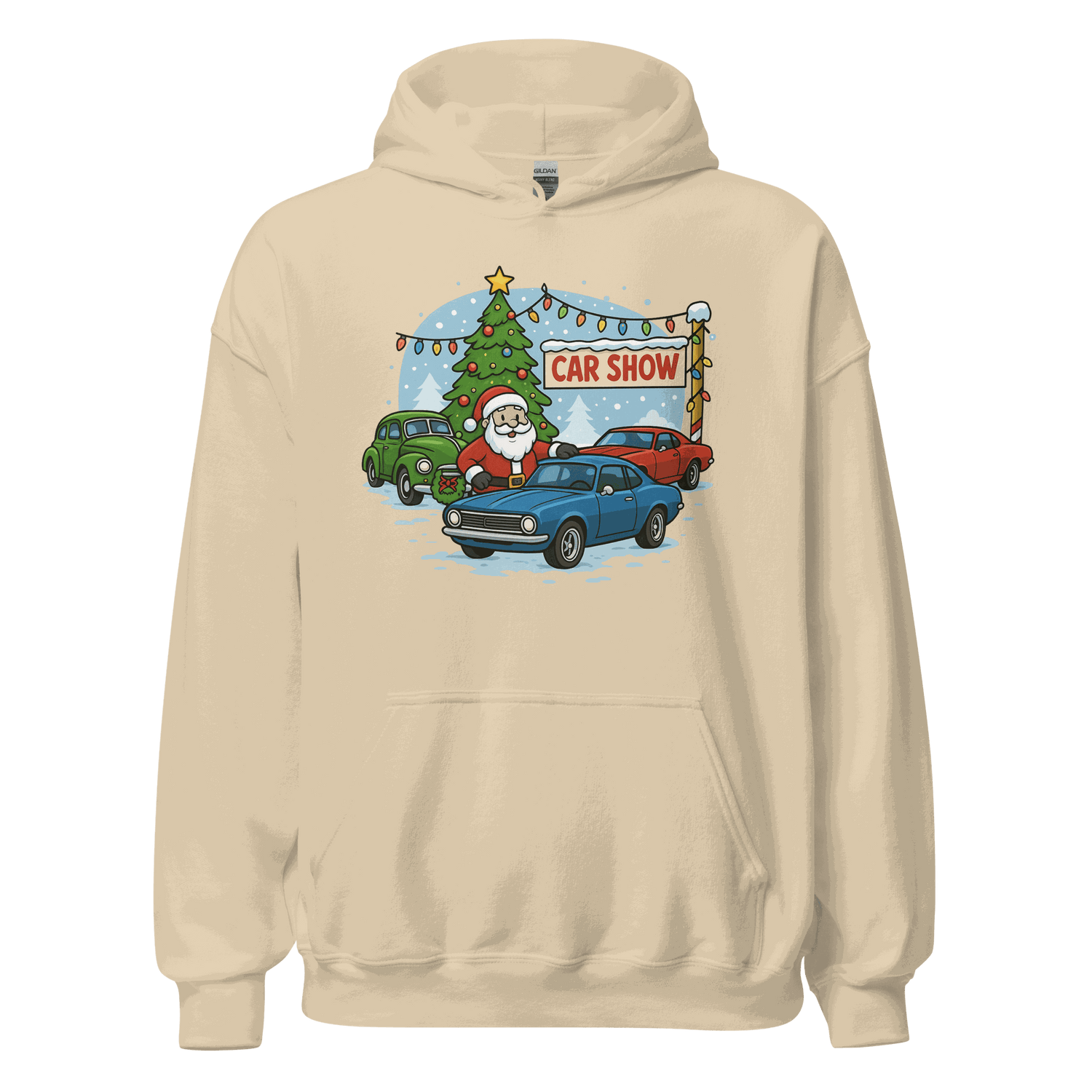 Beige Car Show Christmas Hoodie with Santa, classic cars, and decorated Christmas tree design