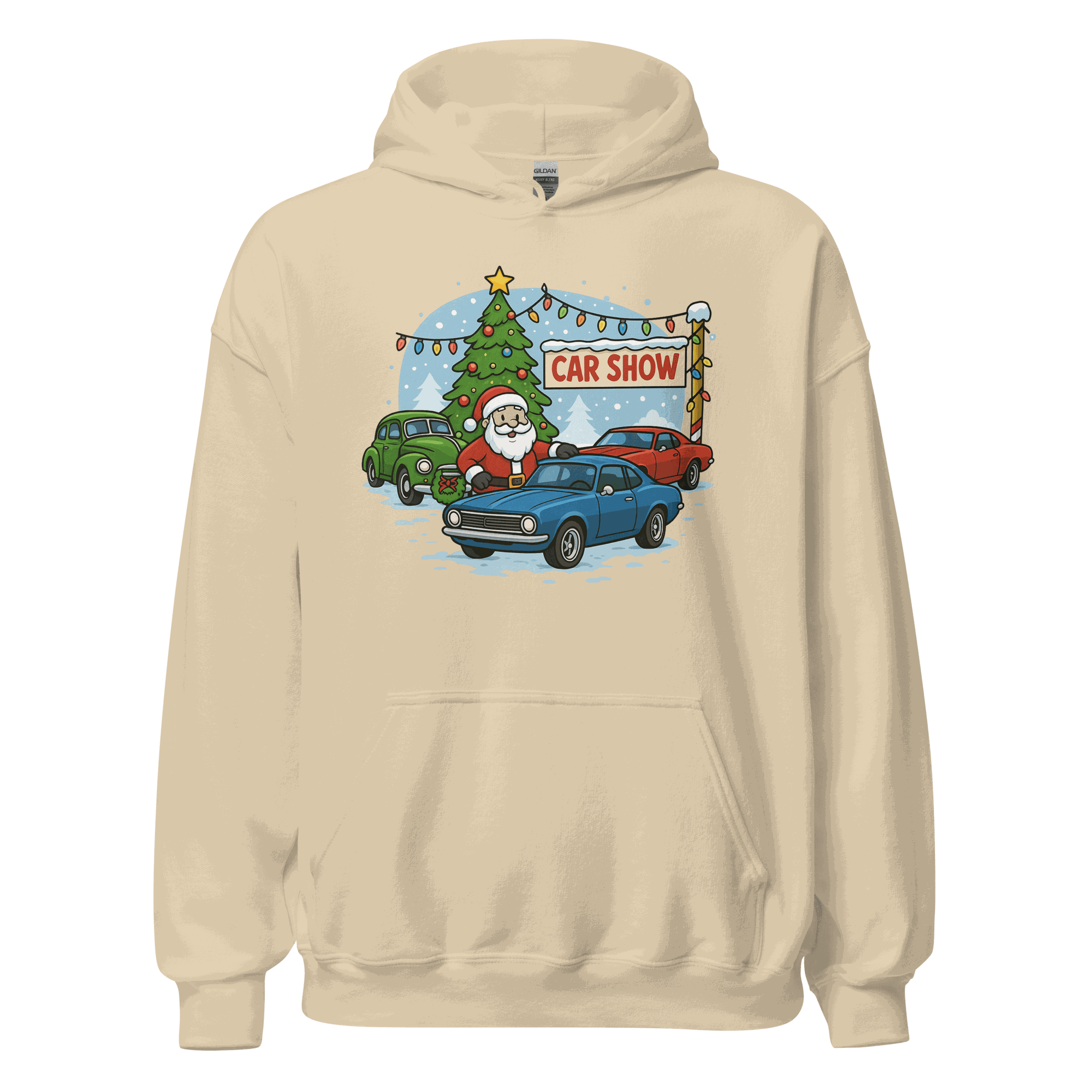 Beige Car Show Christmas Hoodie with Santa, classic cars, and decorated Christmas tree design