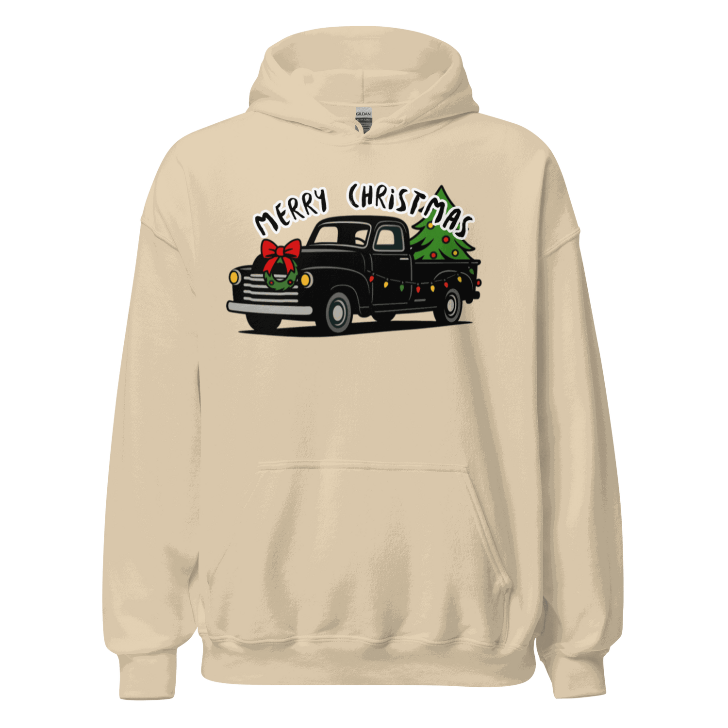 Cozy Christmas Classics Truck Hoodie with festive truck and tree design on soft beige fabric