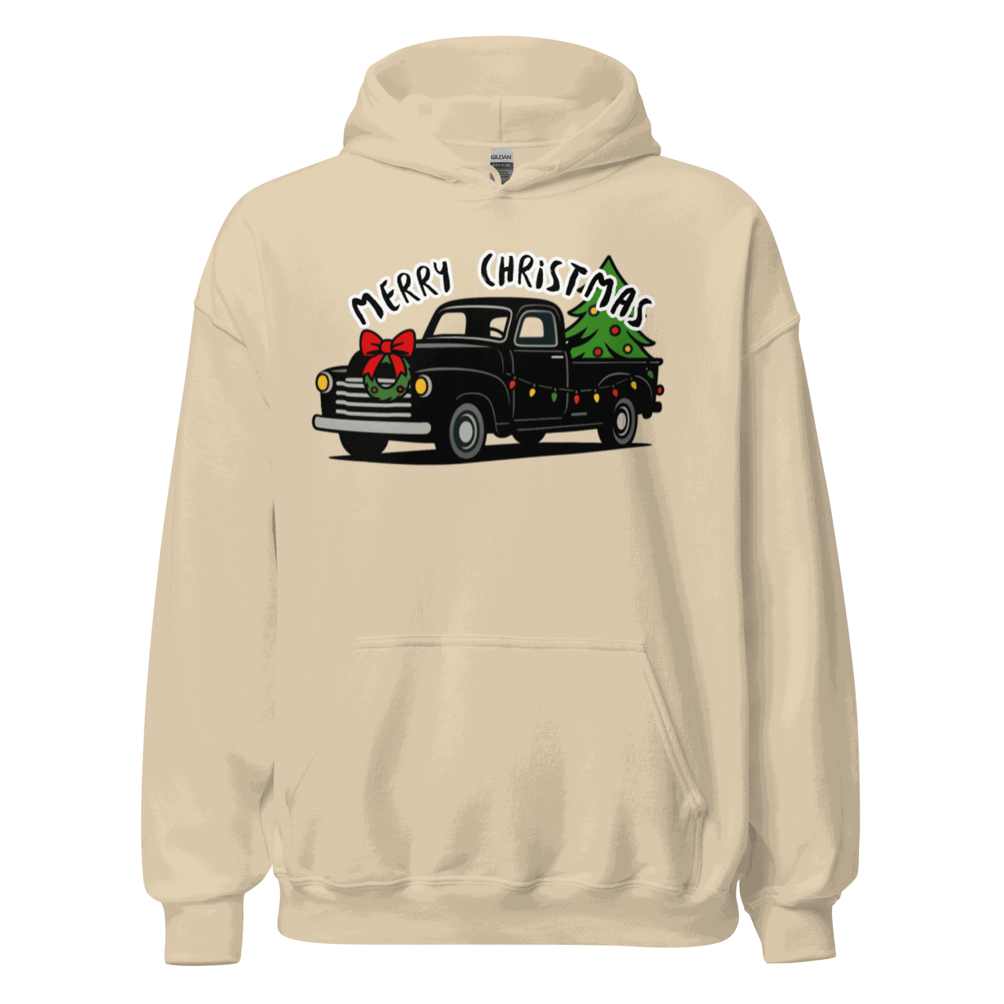 Cozy Christmas Classics Truck Hoodie with festive truck and tree design on soft beige fabric