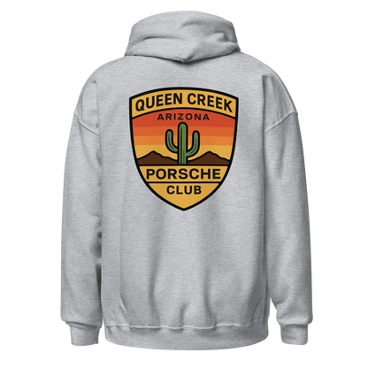Queen Creek PCAR Club unisex hoodie in light gray with Arizona-themed logo on back