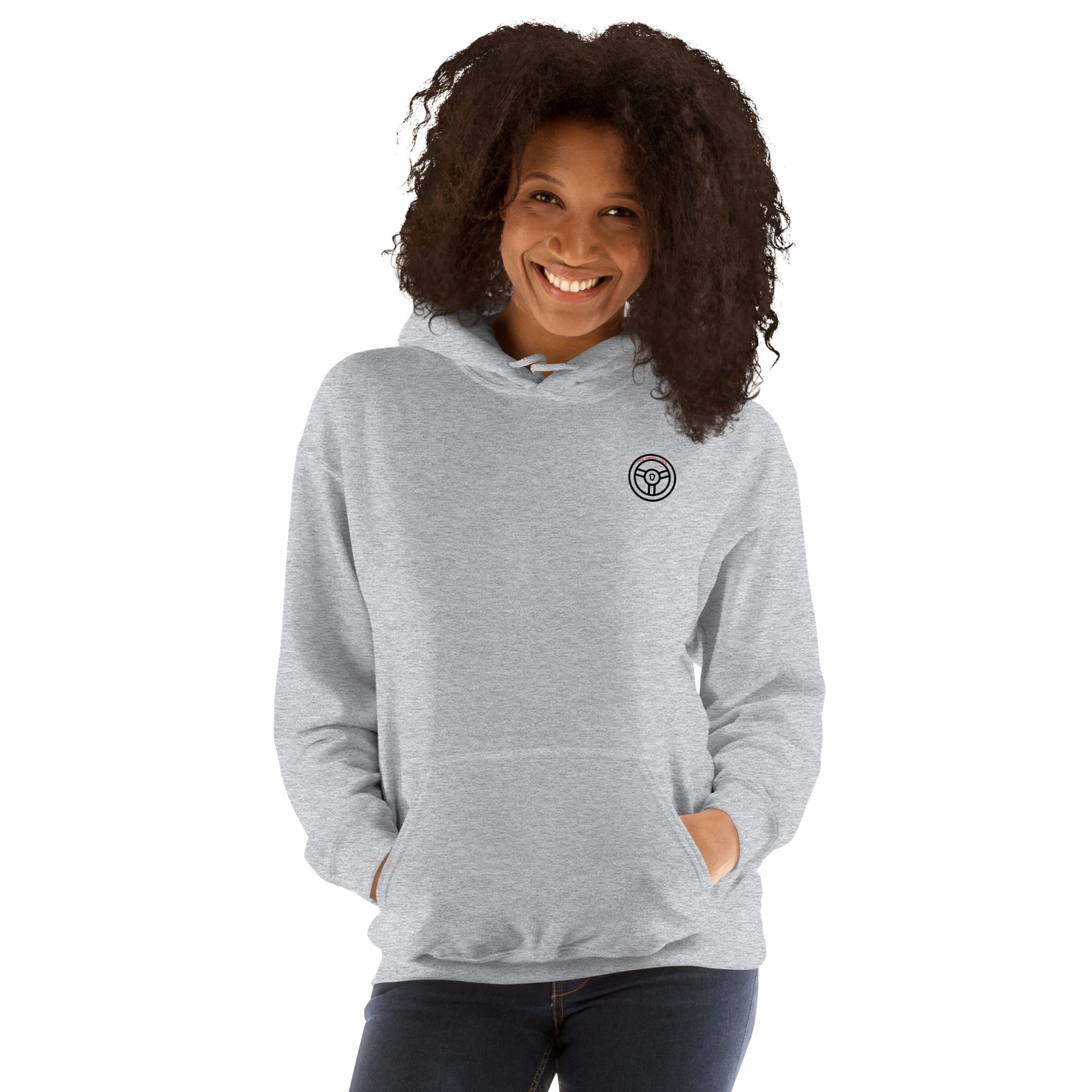 Person wearing a gray hoodie with a logo on a white background