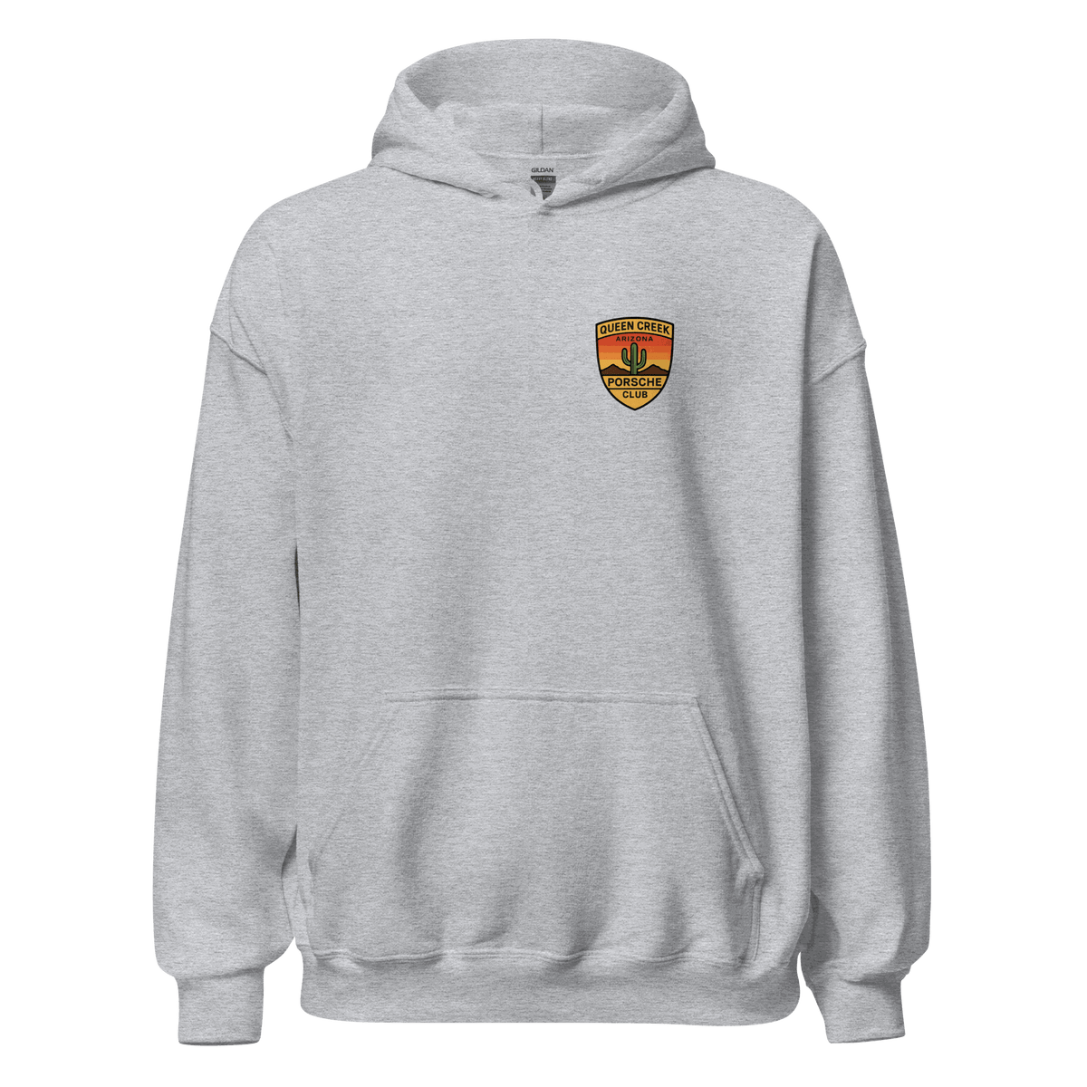 Queen Creek PCAR Club unisex gray hoodie with front pouch pocket and club logo on chest