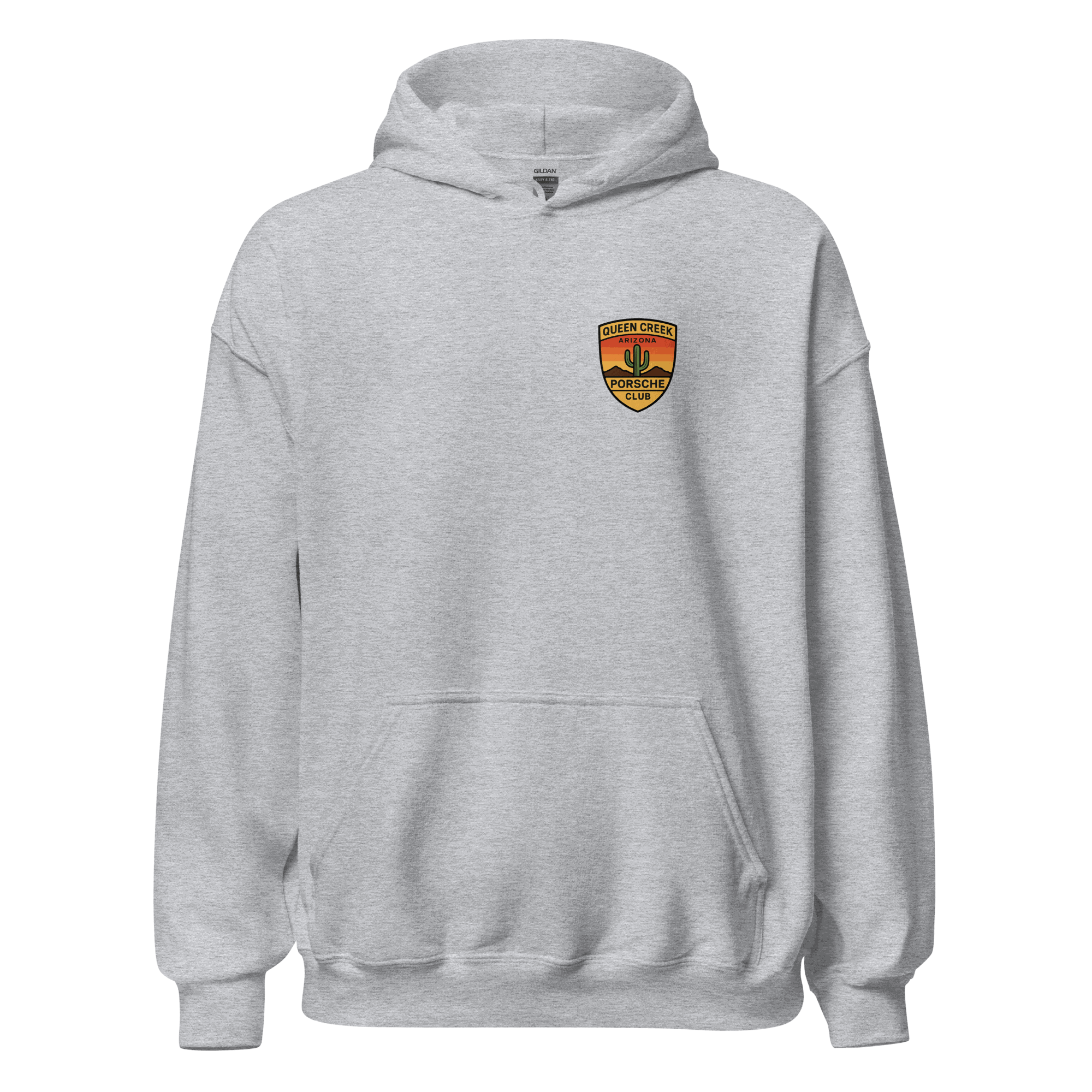 Queen Creek PCAR Club unisex gray hoodie with front pouch pocket and club logo on chest