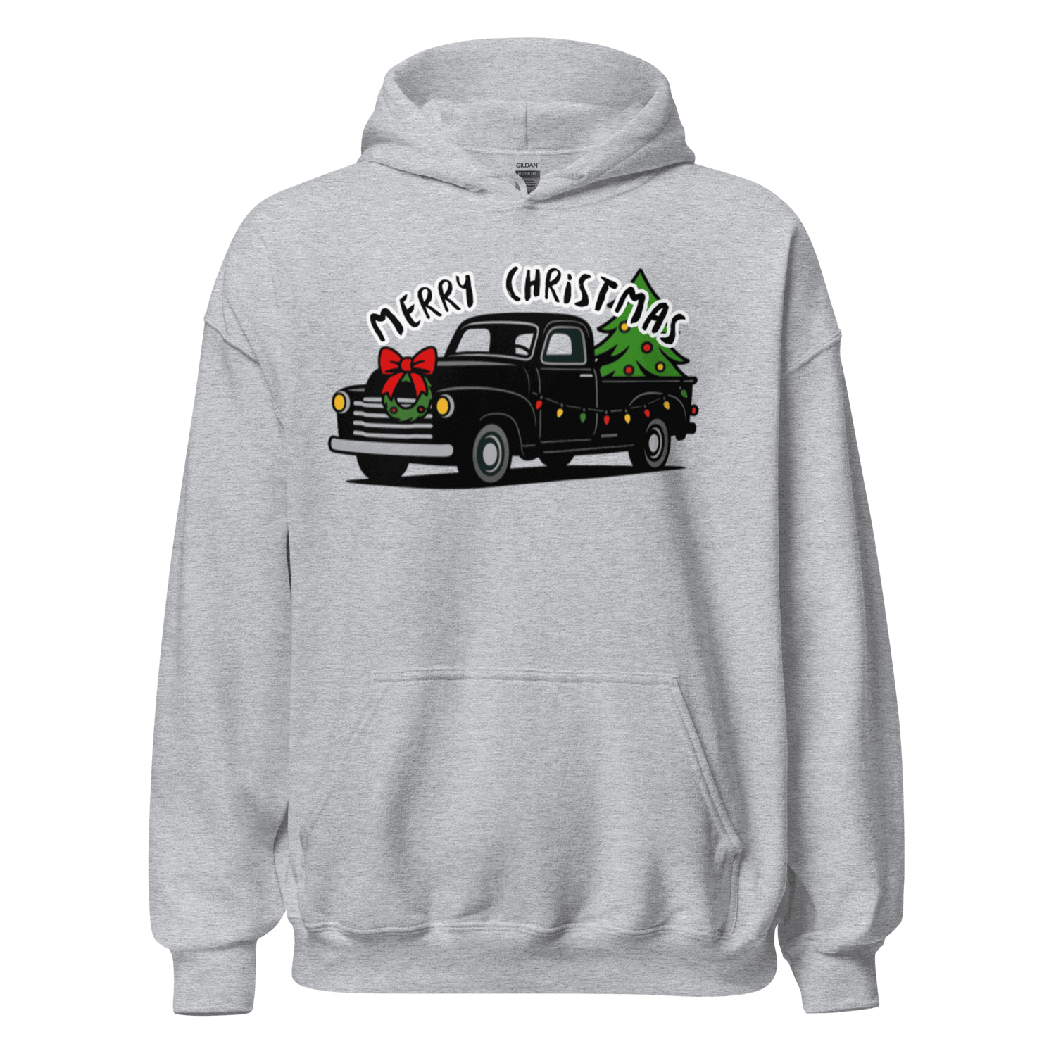 Christmas Classics Truck Hoodie with vintage truck and Christmas tree design on soft gray fabric