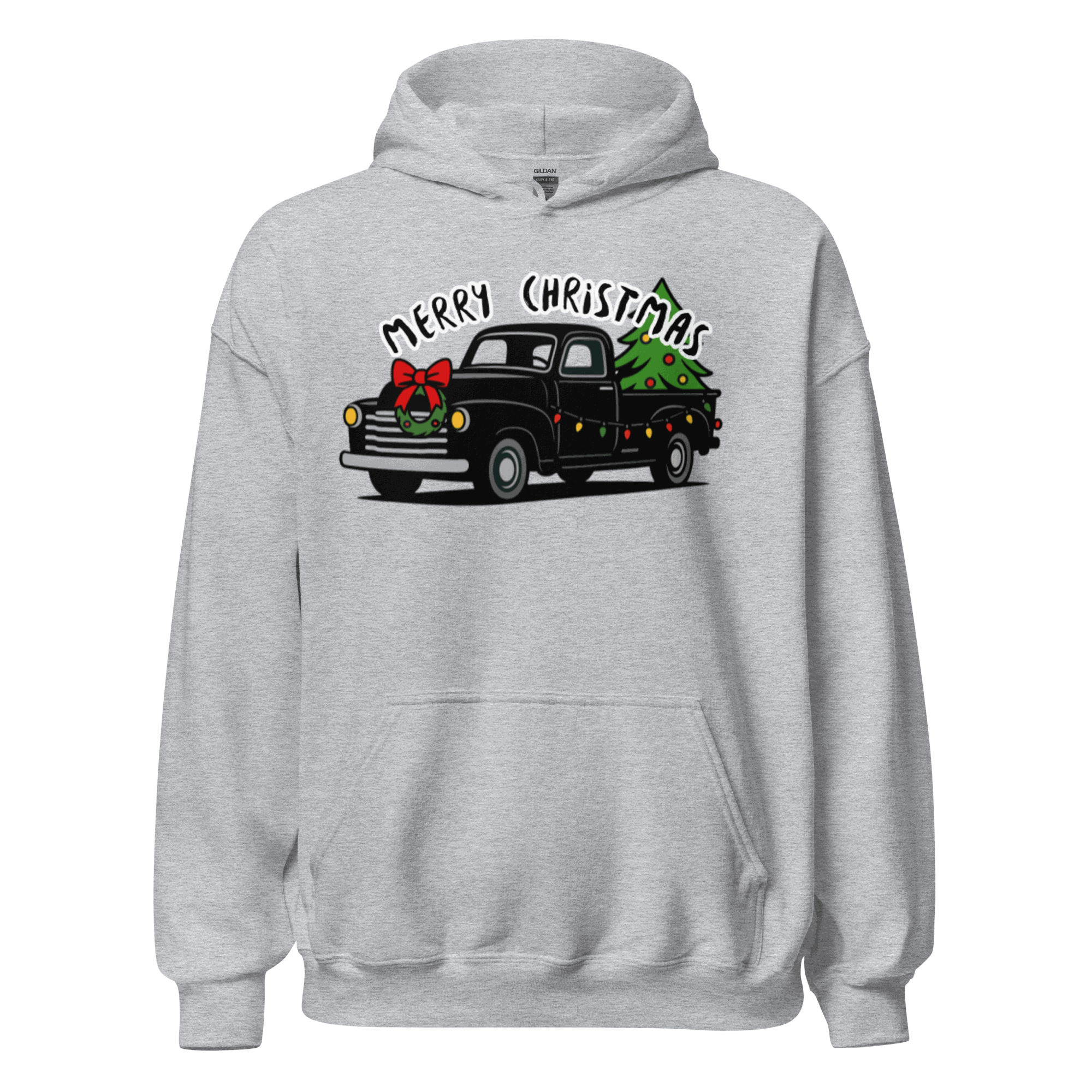 Christmas Classics Truck Hoodie with vintage truck and Christmas tree design on soft gray fabric