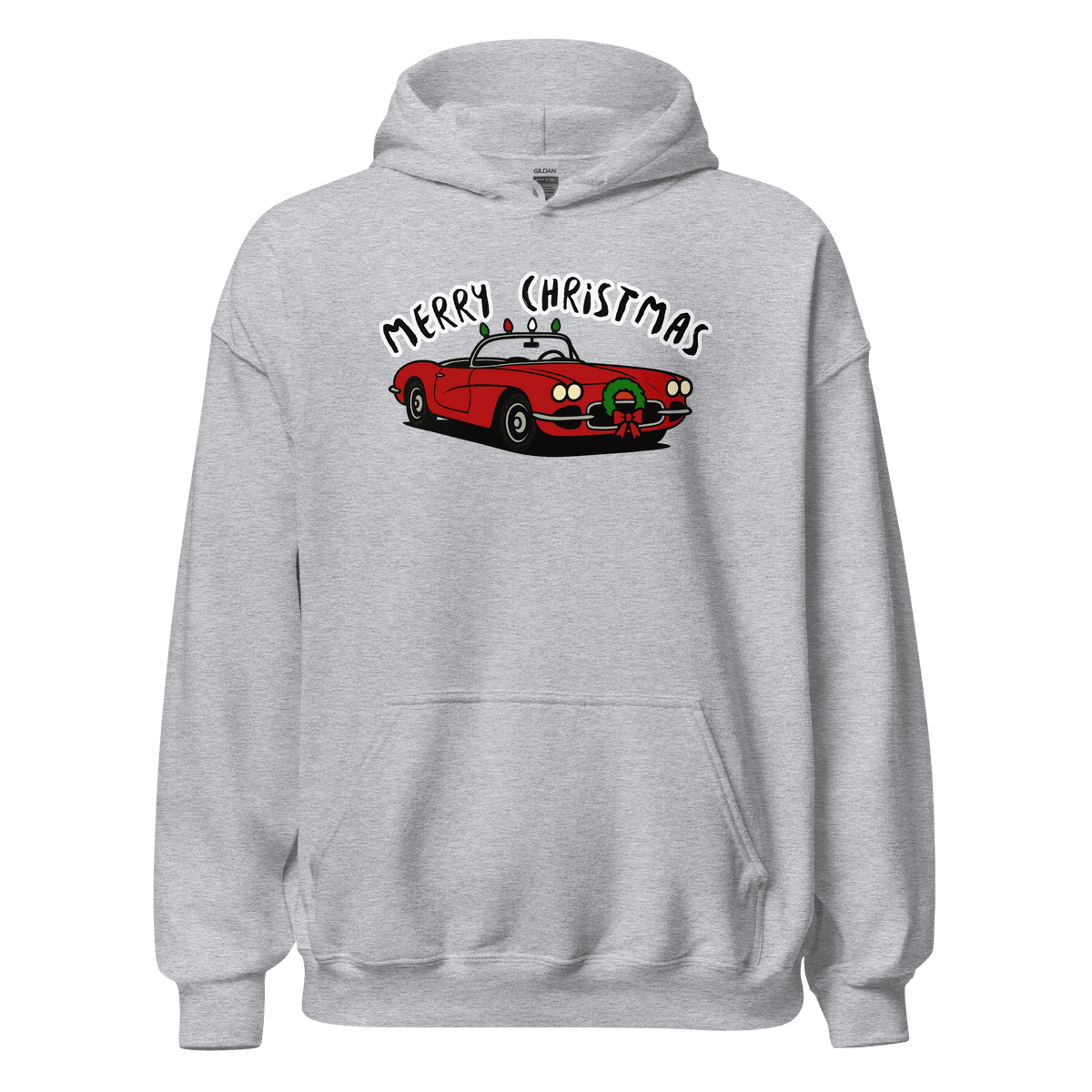 Christmas Sports Car Hoodie with red sports car graphic and Merry Christmas text on grey cozy pullover sweatshirt