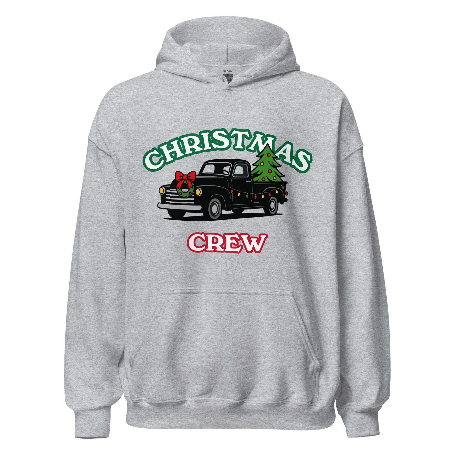 Gray hoodie with Christmas crew graphic featuring black truck carrying a decorated Christmas tree and holiday lights, festive family hoodie set design