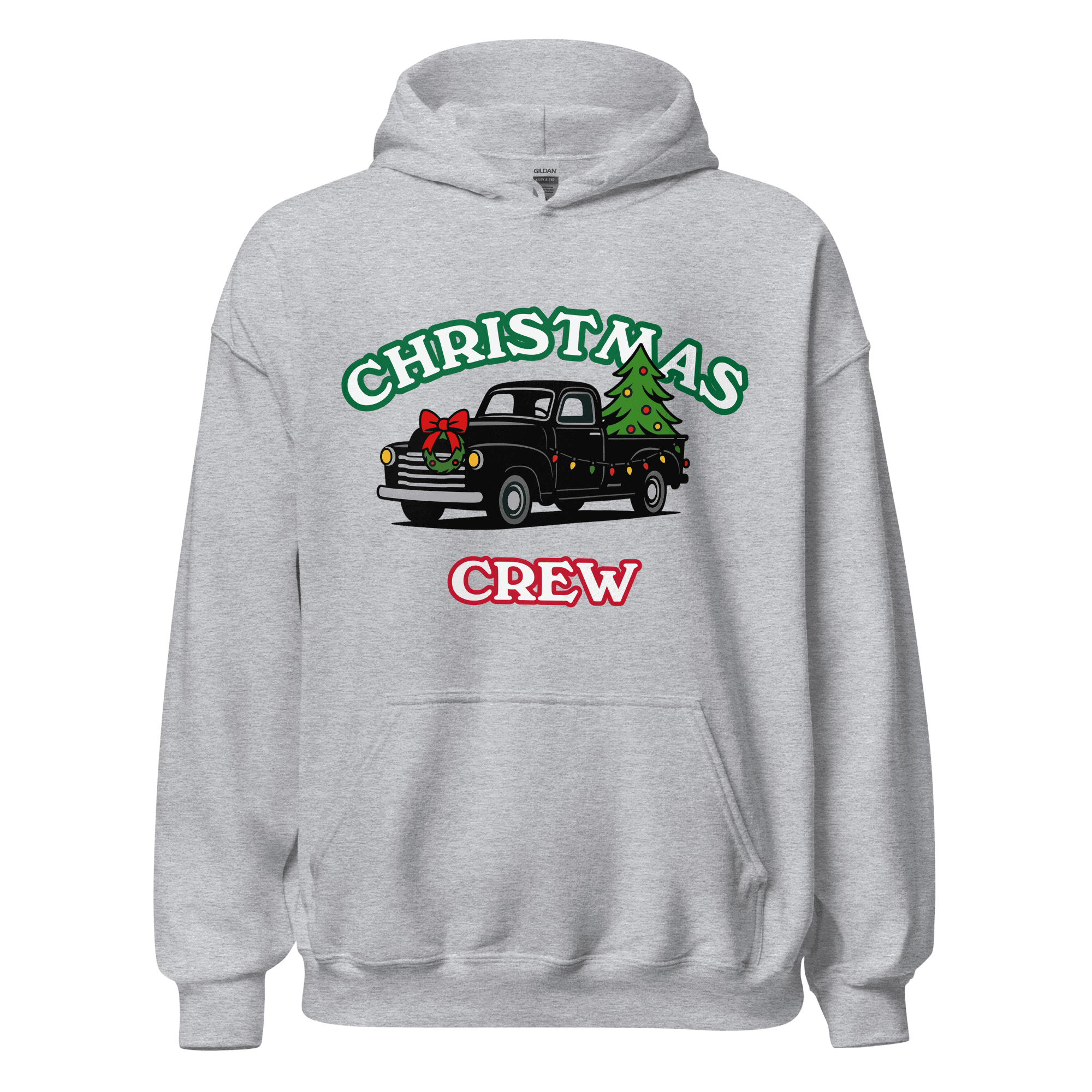 Gray hoodie with Christmas crew graphic featuring black truck carrying a decorated Christmas tree and holiday lights, festive family hoodie set design