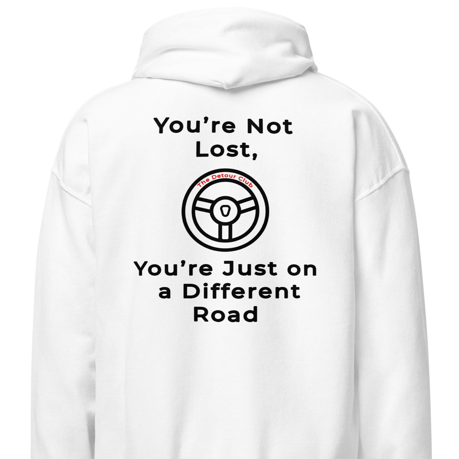 White hoodie with text and steering wheel graphic on the back
