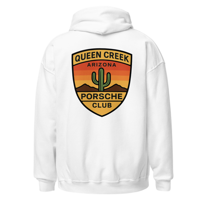 Queen Creek PCAR Club white unisex hoodie with Arizona sunset logo and cactus design on back