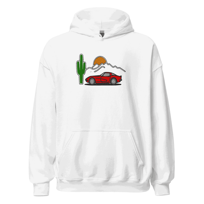 Unisex esports racing hoodie with embroidered racing car design and premium fleece blend