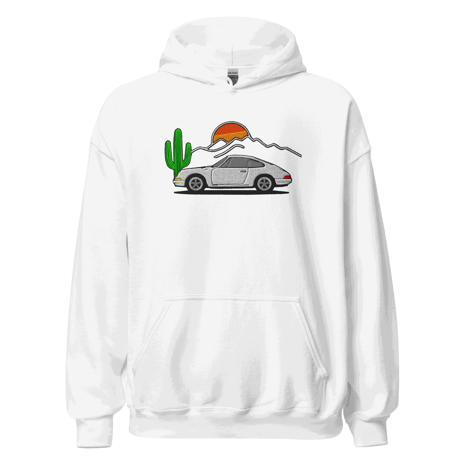 White hoodie with embroidered sports car, cactus, and sunset design, unisex race car enthusiast sweatshirt