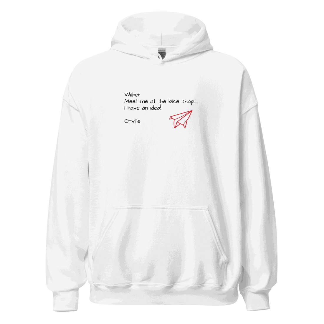 White Bike Shop Unisex Hoodie with front pocket and red paper airplane graphic design