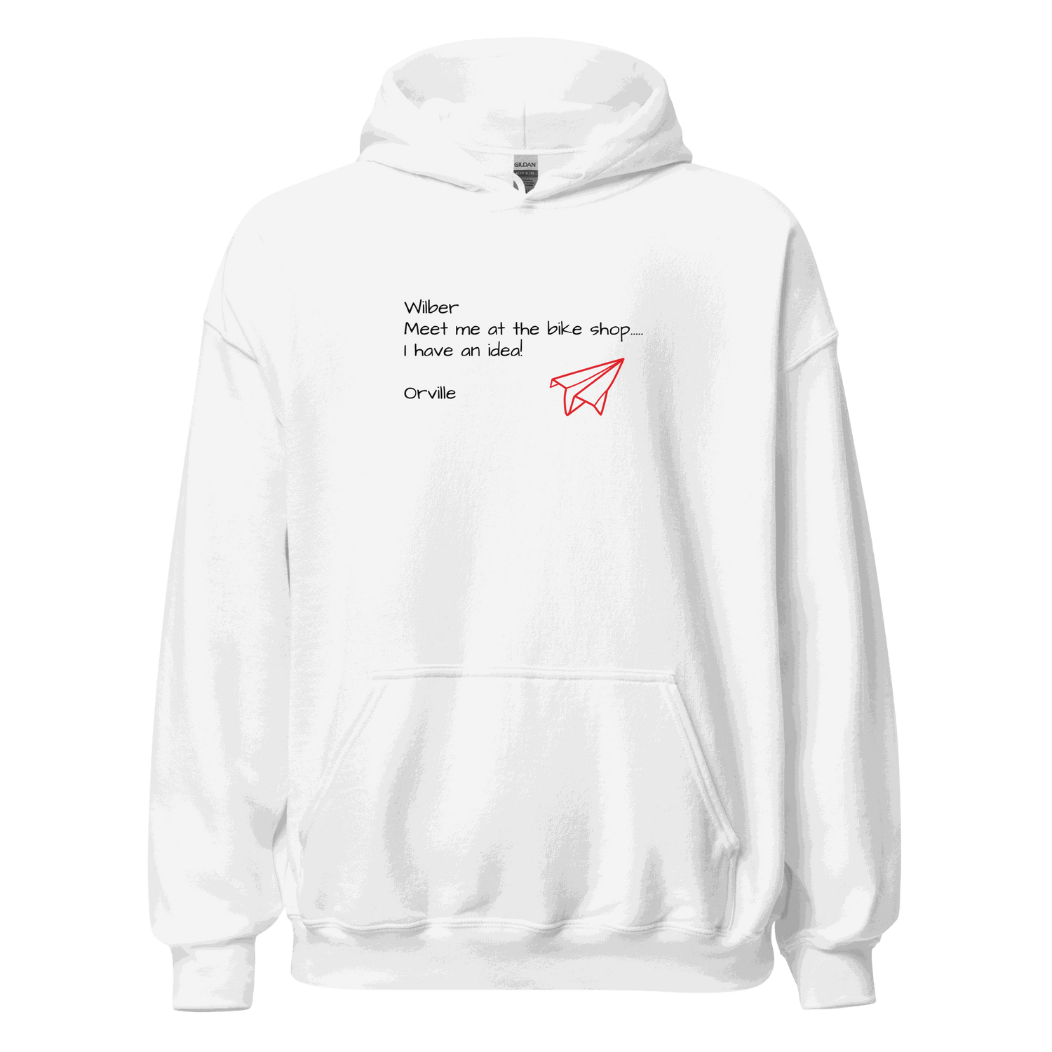 White Bike Shop Unisex Hoodie with front pocket and red paper airplane graphic design