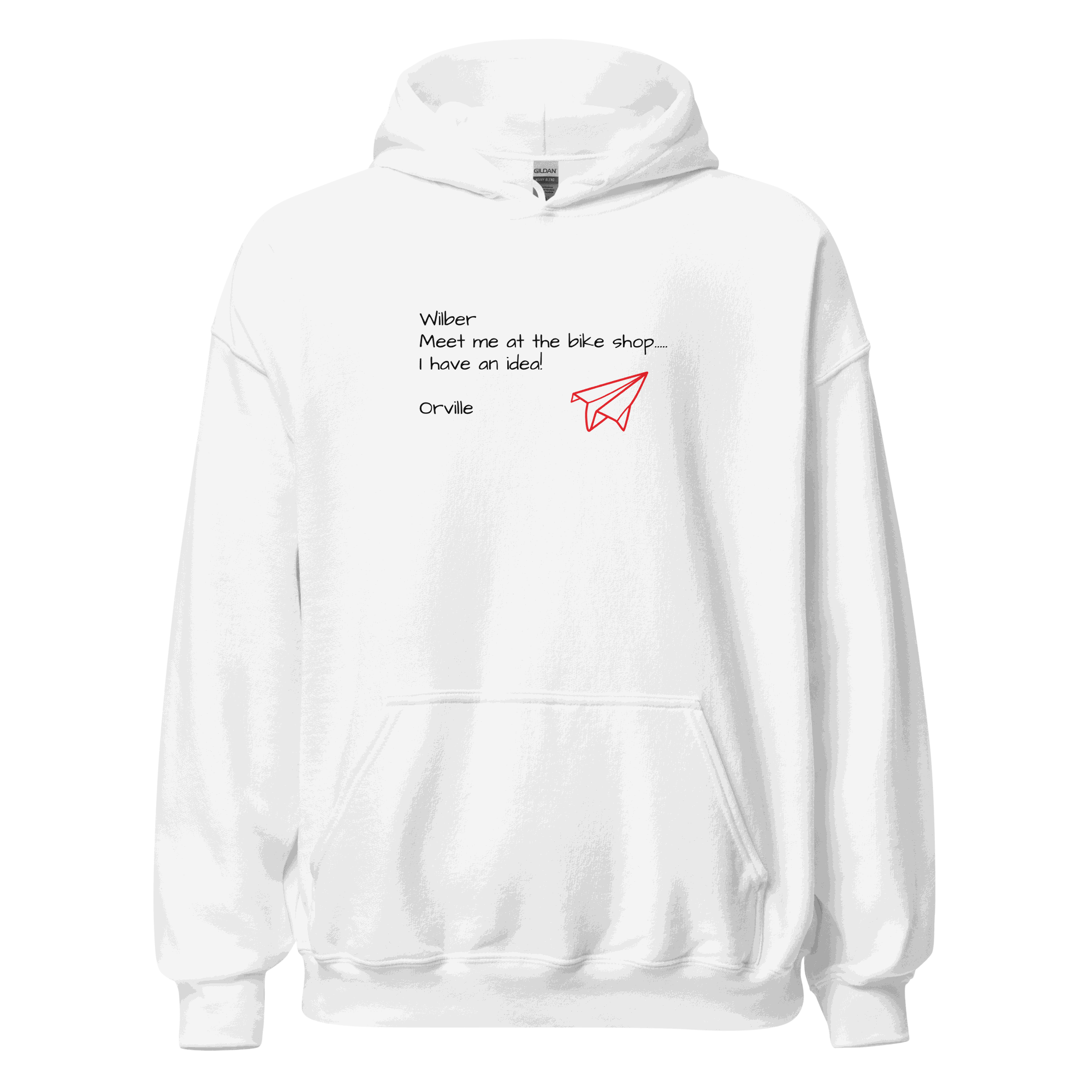 White Bike Shop Unisex Hoodie with front pocket and red paper airplane graphic design