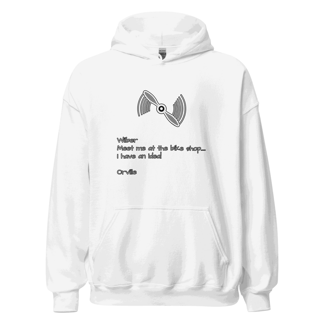 White Wilber and Orville Bike Shop Hoodie with front pouch pocket and bike propeller graphic