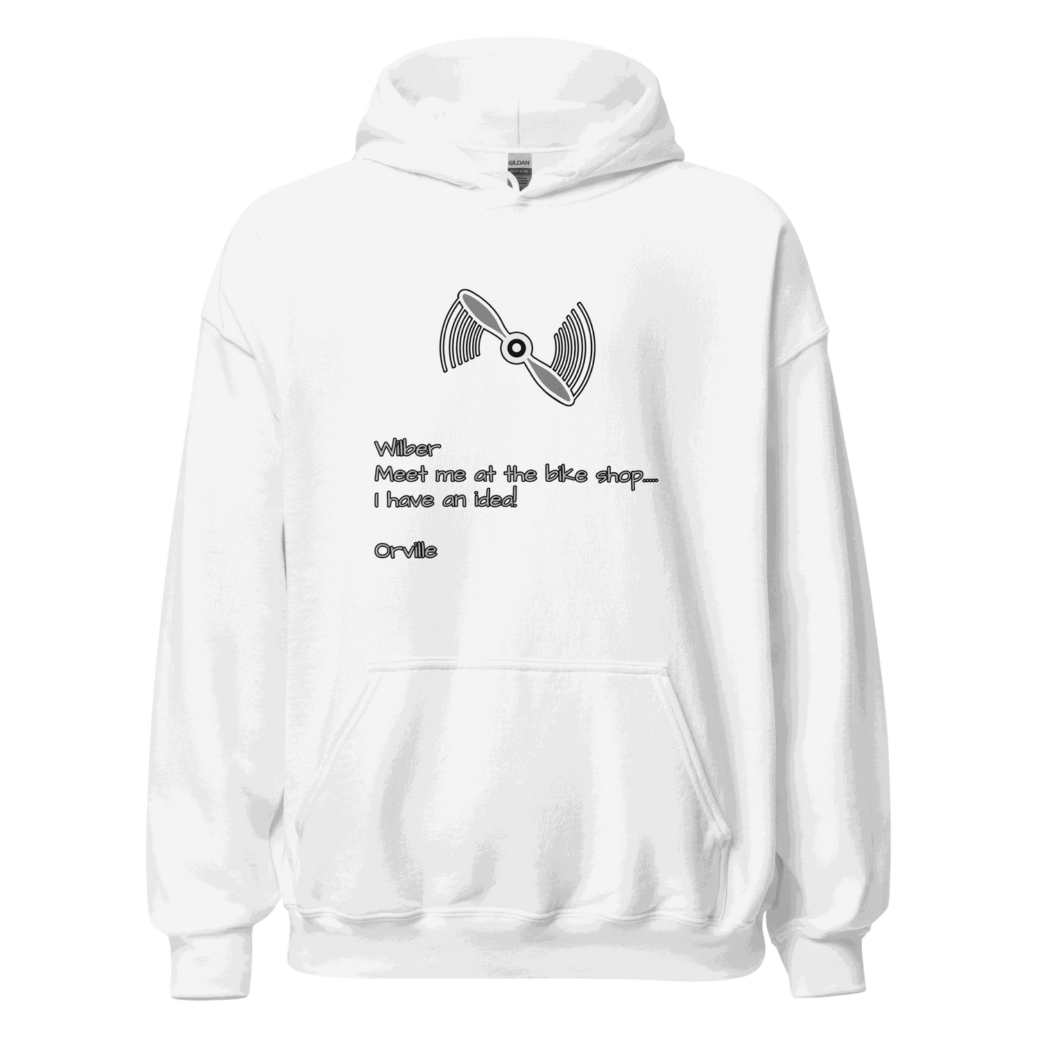 White Wilber and Orville Bike Shop Hoodie with front pouch pocket and bike propeller graphic