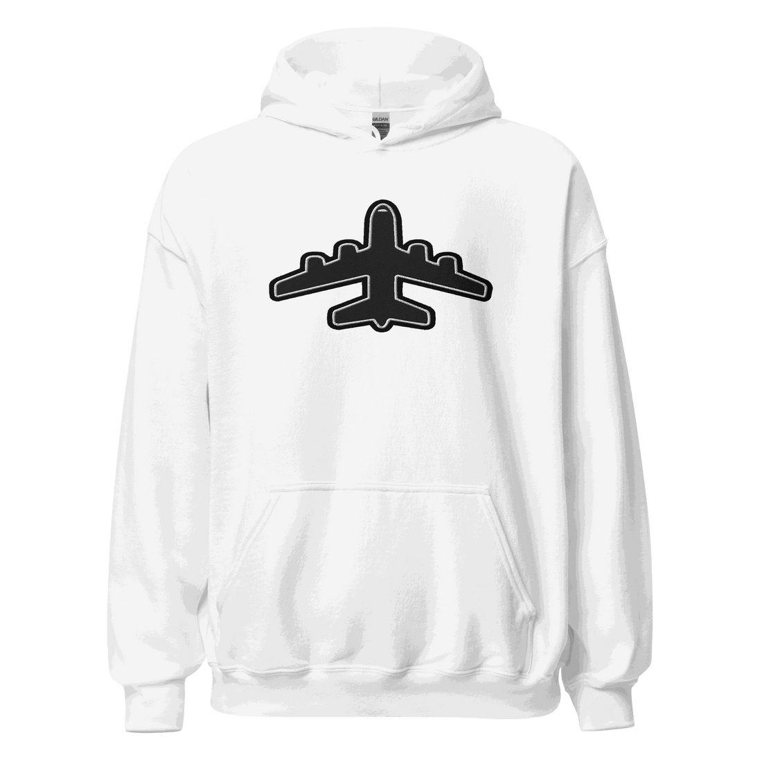White Jet pilot hoodie Unisex Hoodie with black airplane graphic, soft cotton-poly blend, double-lined hood, and front pouch pocket.