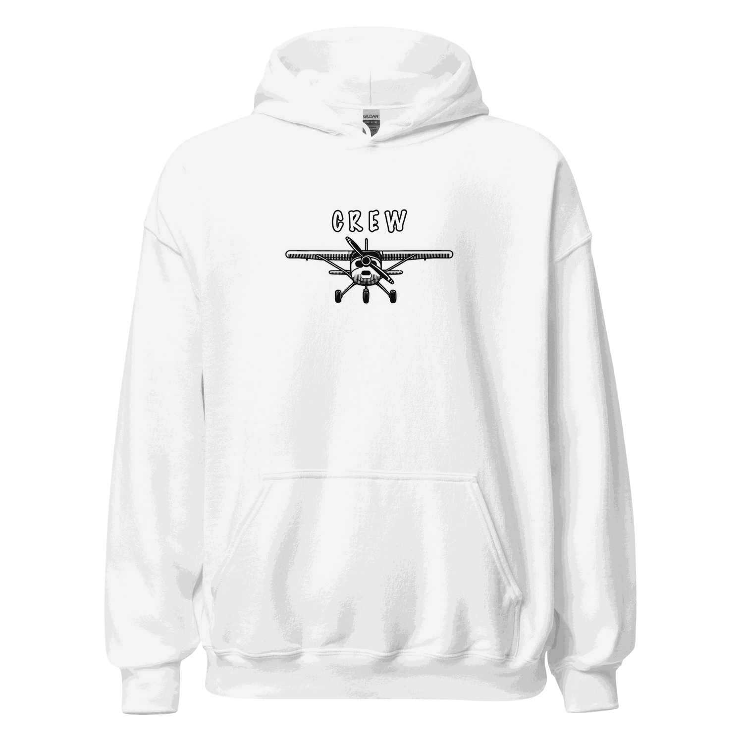 White Crew Unisex Hoodie with plane graphic and front pouch pocket, soft and cozy fabric.
