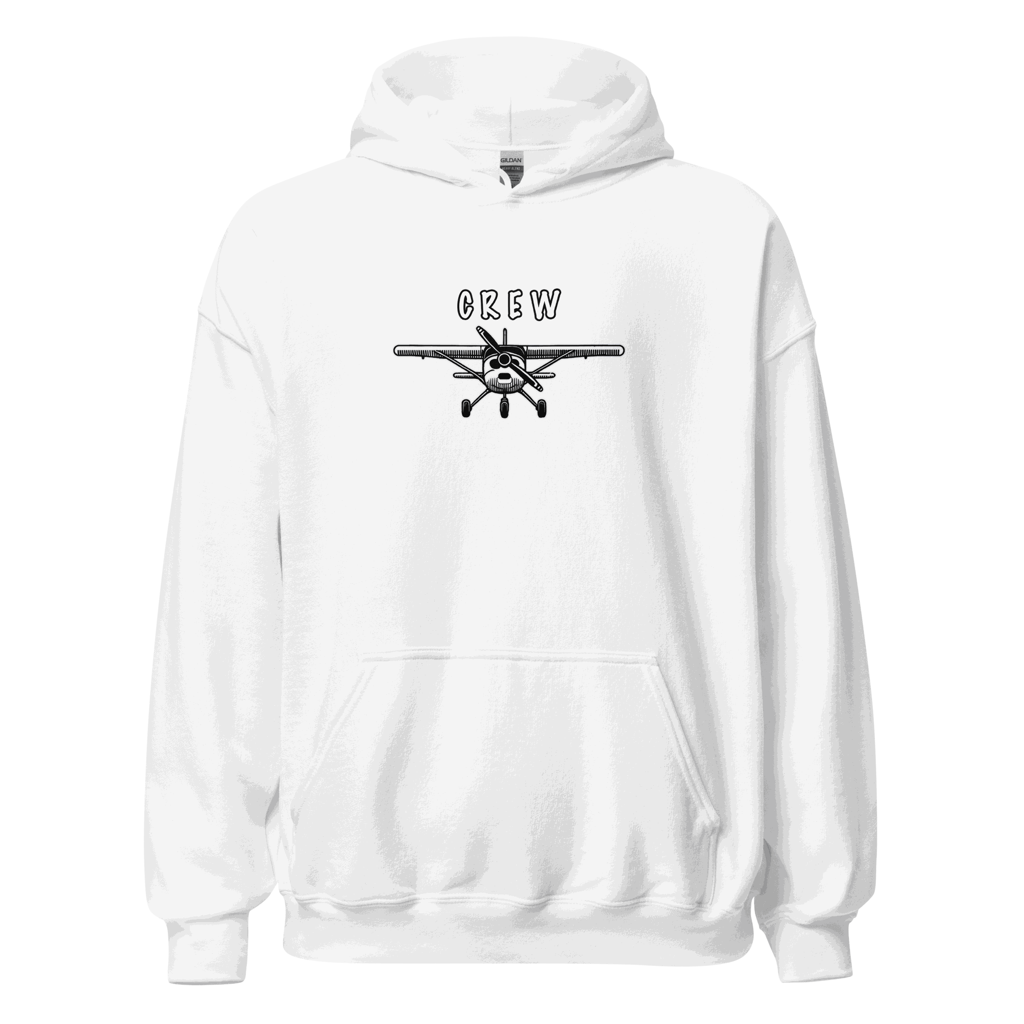 White Crew Unisex Hoodie with plane graphic and front pouch pocket, soft and cozy fabric.