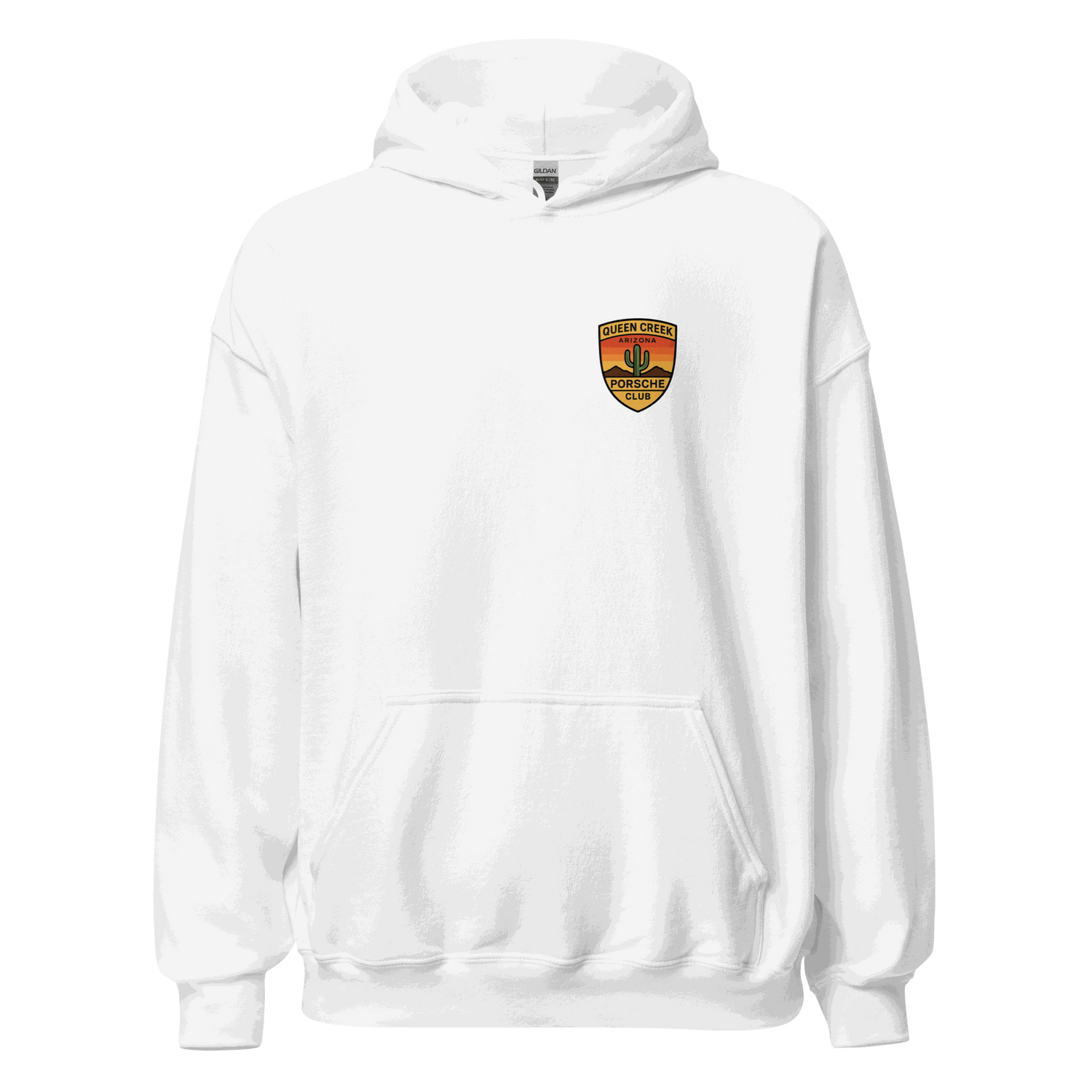 White Queen Creek PCAR Club unisex hoodie with front pouch pocket and club logo on chest