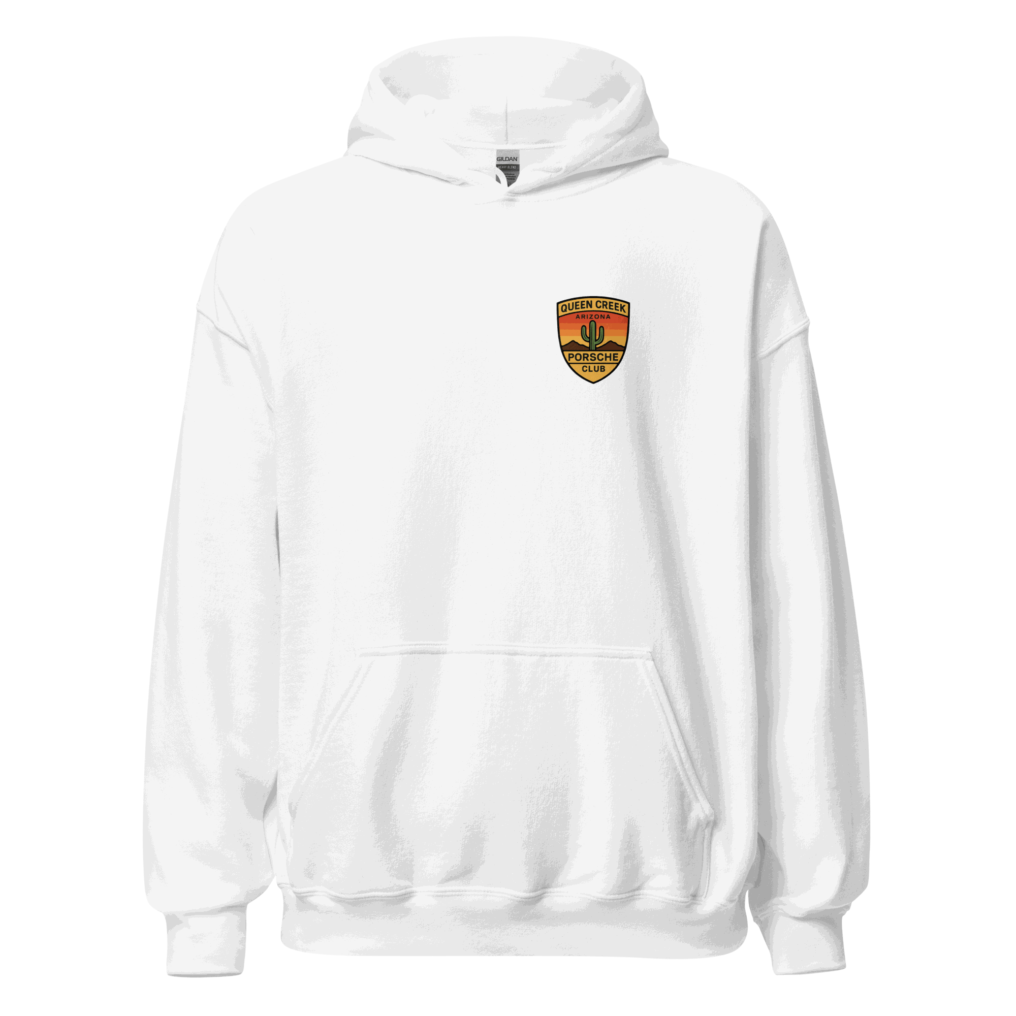 White Queen Creek PCAR Club unisex hoodie with front pouch pocket and club logo on chest