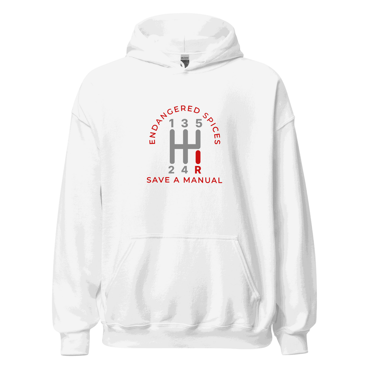 White Endangered Species Hoodie with manual transmission gear design and front pouch pocket.