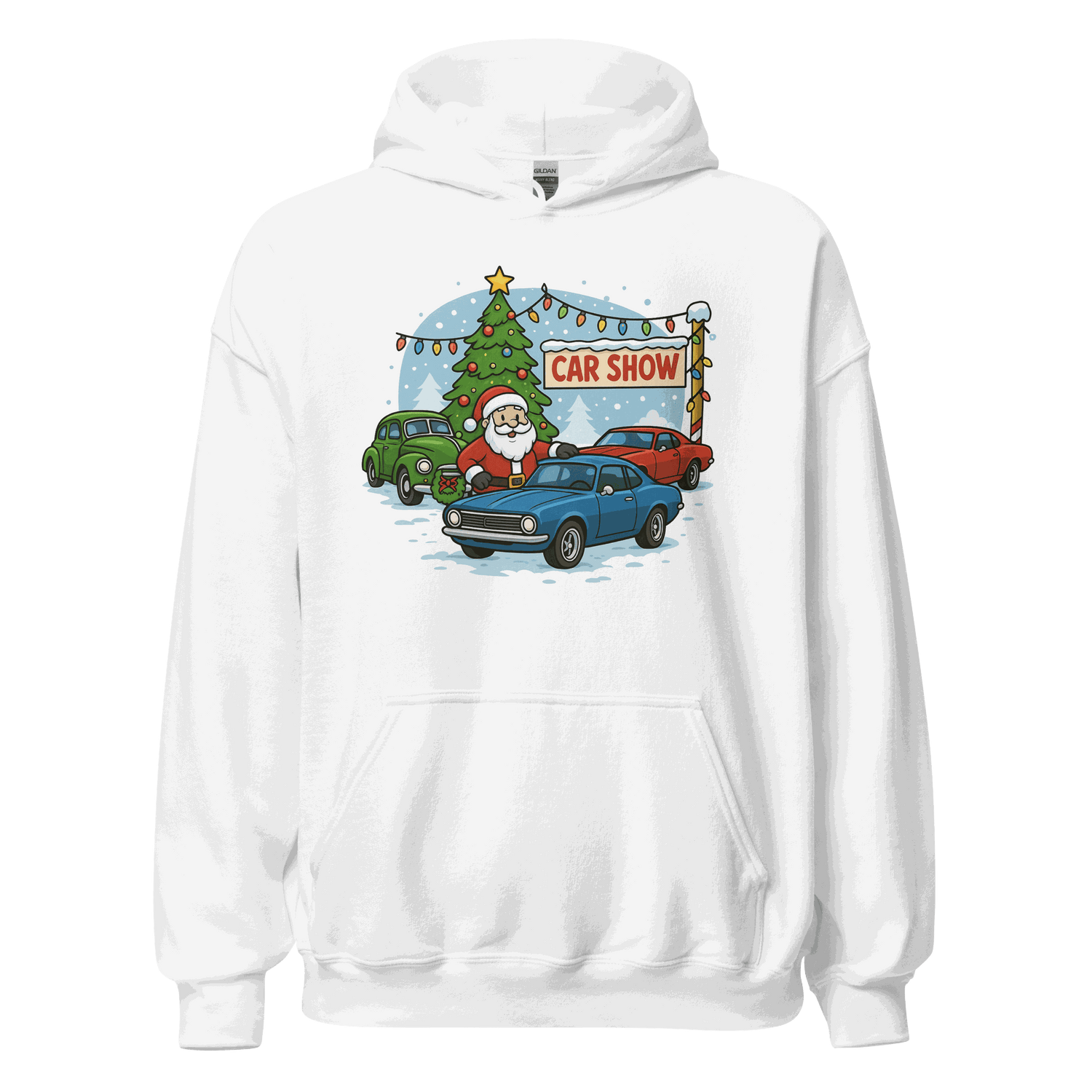 White Car Show Christmas Hoodie with Santa, vintage cars, and decorated Christmas tree design