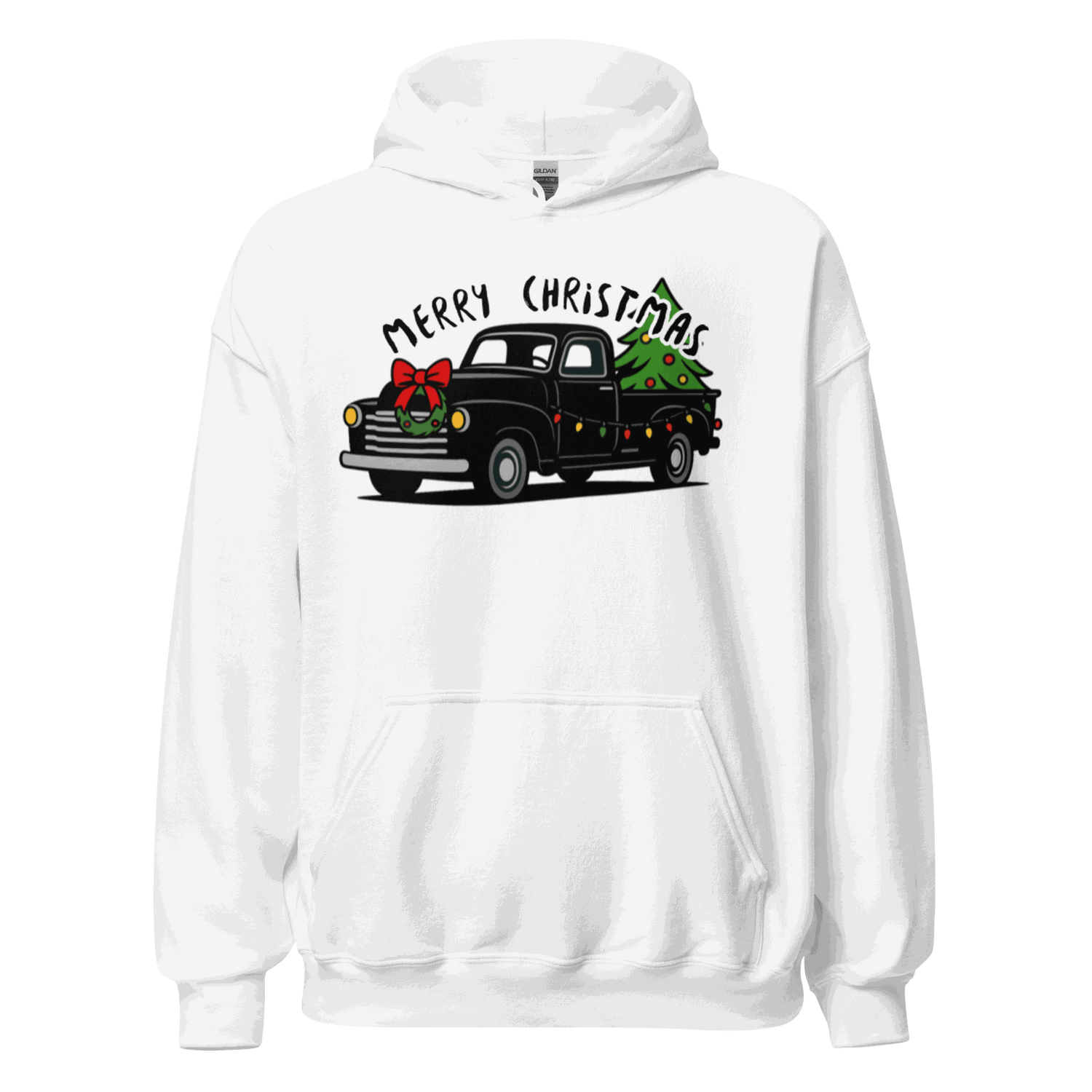 White Christmas Classics Truck Hoodie with vintage truck and Christmas tree design, soft cotton blend, front pouch pocket.