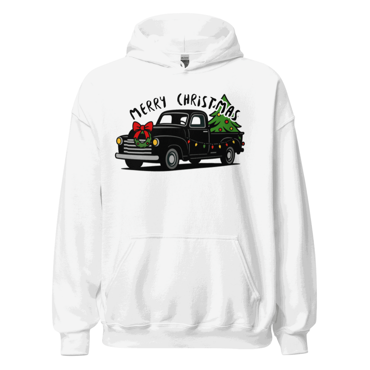White Christmas Classics Truck Hoodie with vintage truck and Christmas tree design, soft cotton blend, front pouch pocket.