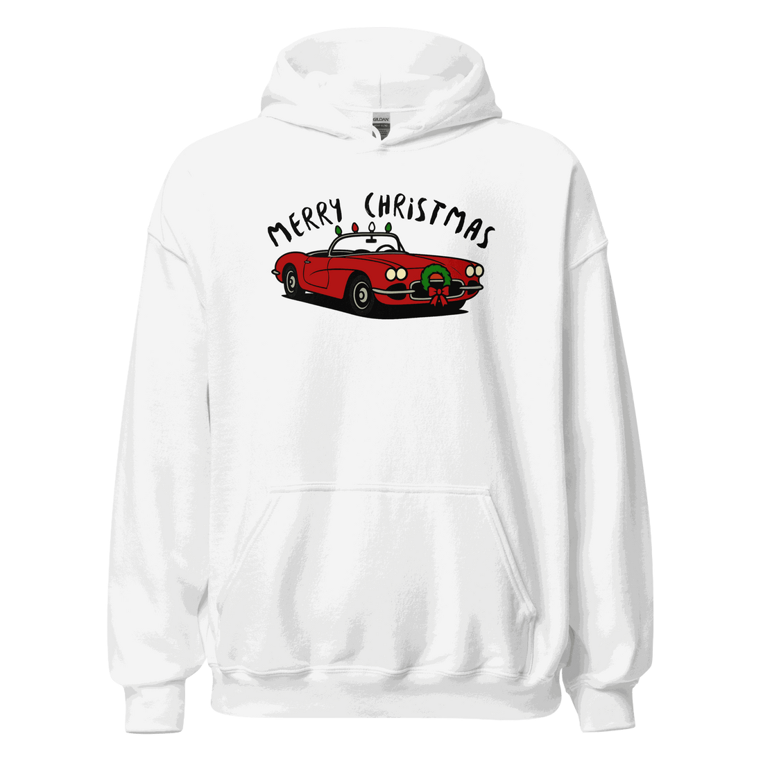 White Christmas sports car hoodie with festive red car graphic and &quot;Merry Christmas&quot; text, cozy and soft fabric design