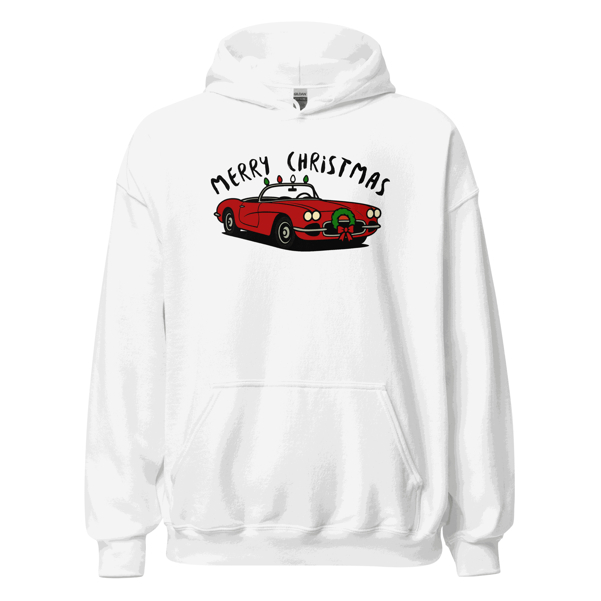 White Christmas sports car hoodie with festive red car graphic and "Merry Christmas" text, cozy and soft fabric design