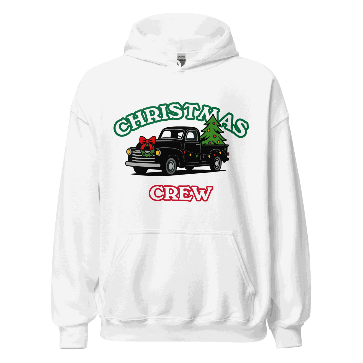 White hoodie from Matching Christmas Family Hoodie Set with black vintage truck carrying Christmas tree and wreath and text "Christmas Crew" in green and red letters