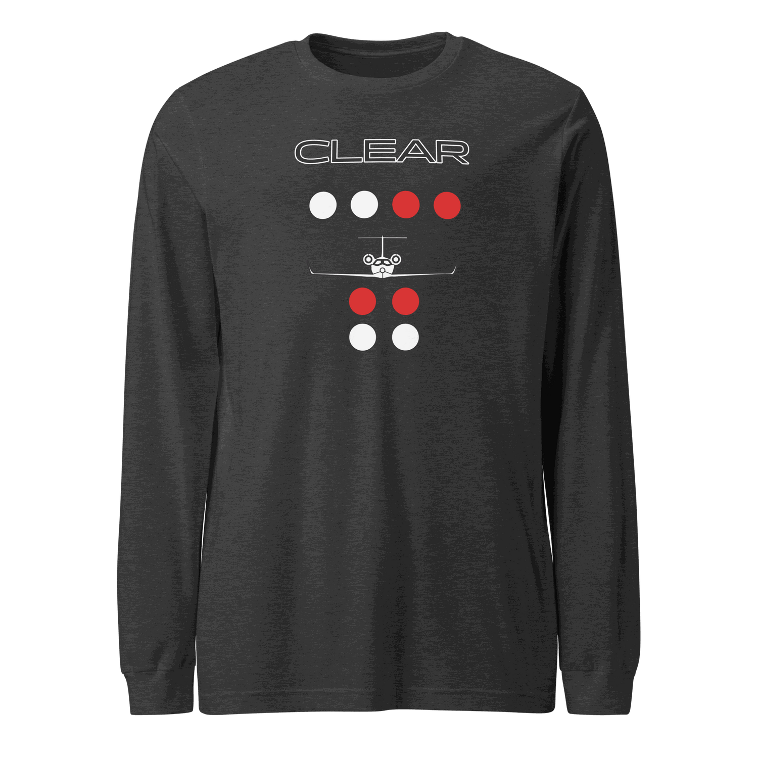 Unisex long sleeve flying t-shirt with clear to land private jet design in dark heather color