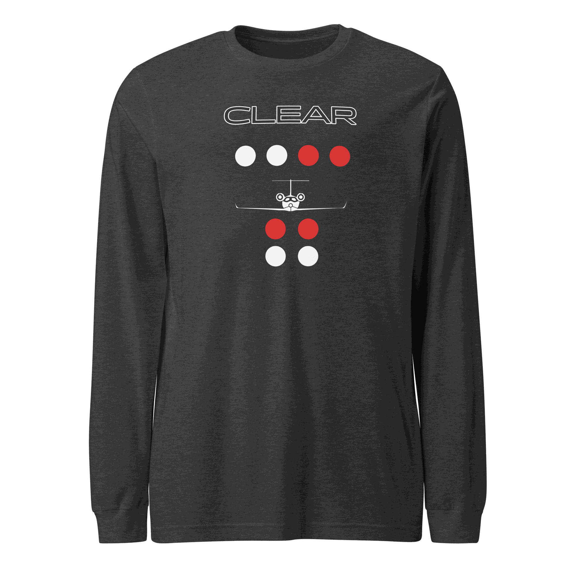 Unisex long sleeve flying t-shirt with clear to land private jet design in dark heather color