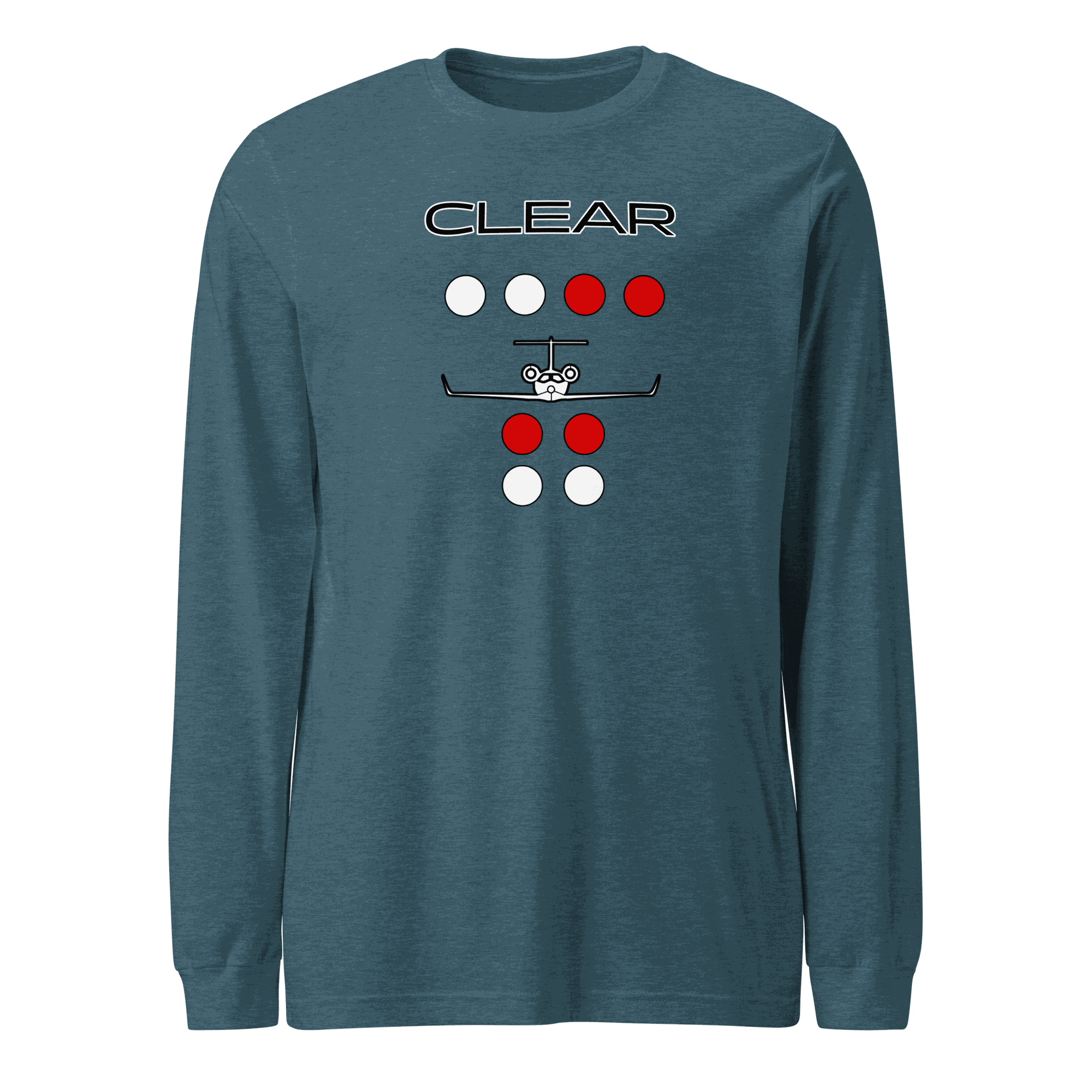 Unisex long sleeve flying t-shirt with &quot;Clear to land&quot; private jet graphic in blue cotton blend