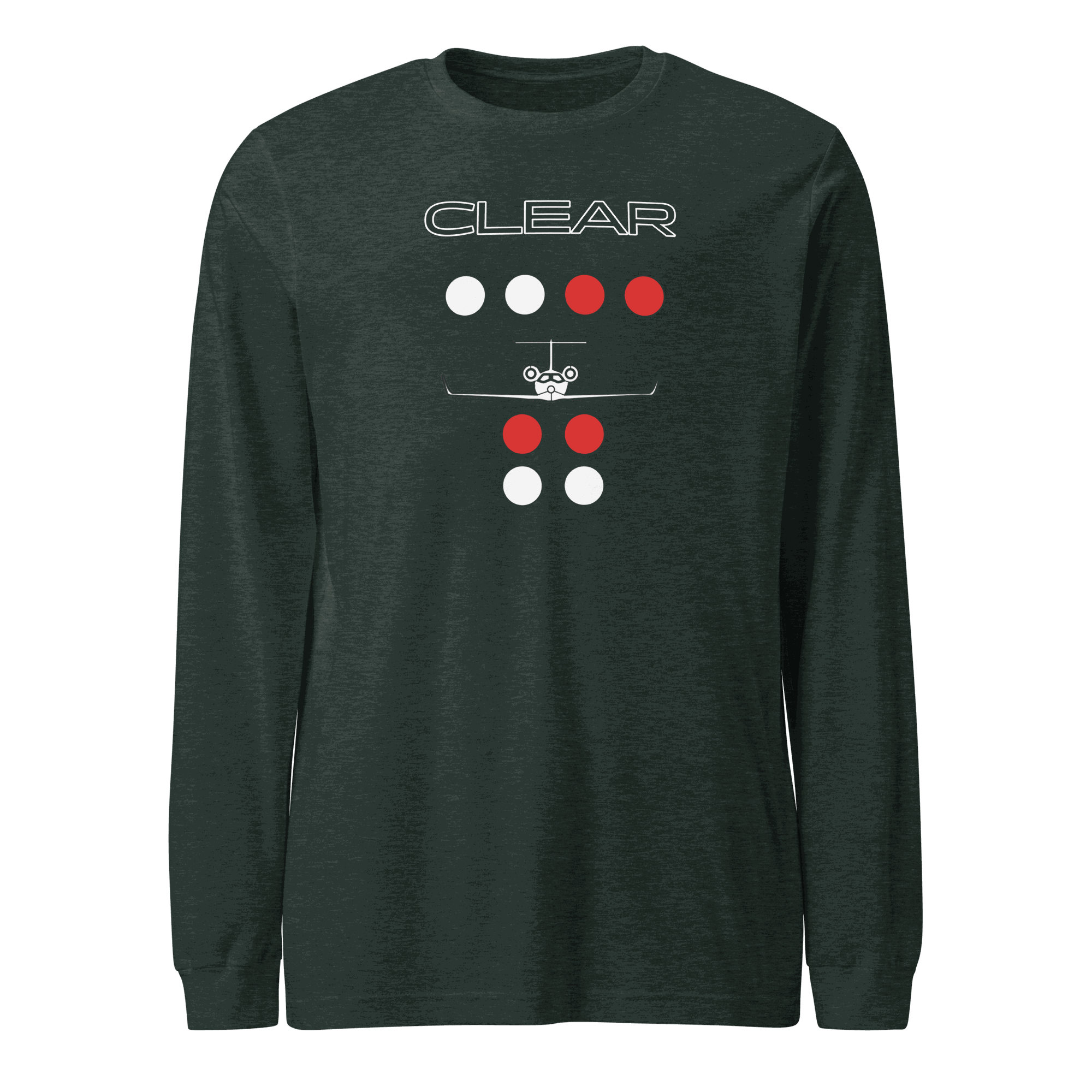 Flying T-shirt with Clear to Land private jet graphic on black long sleeve tee