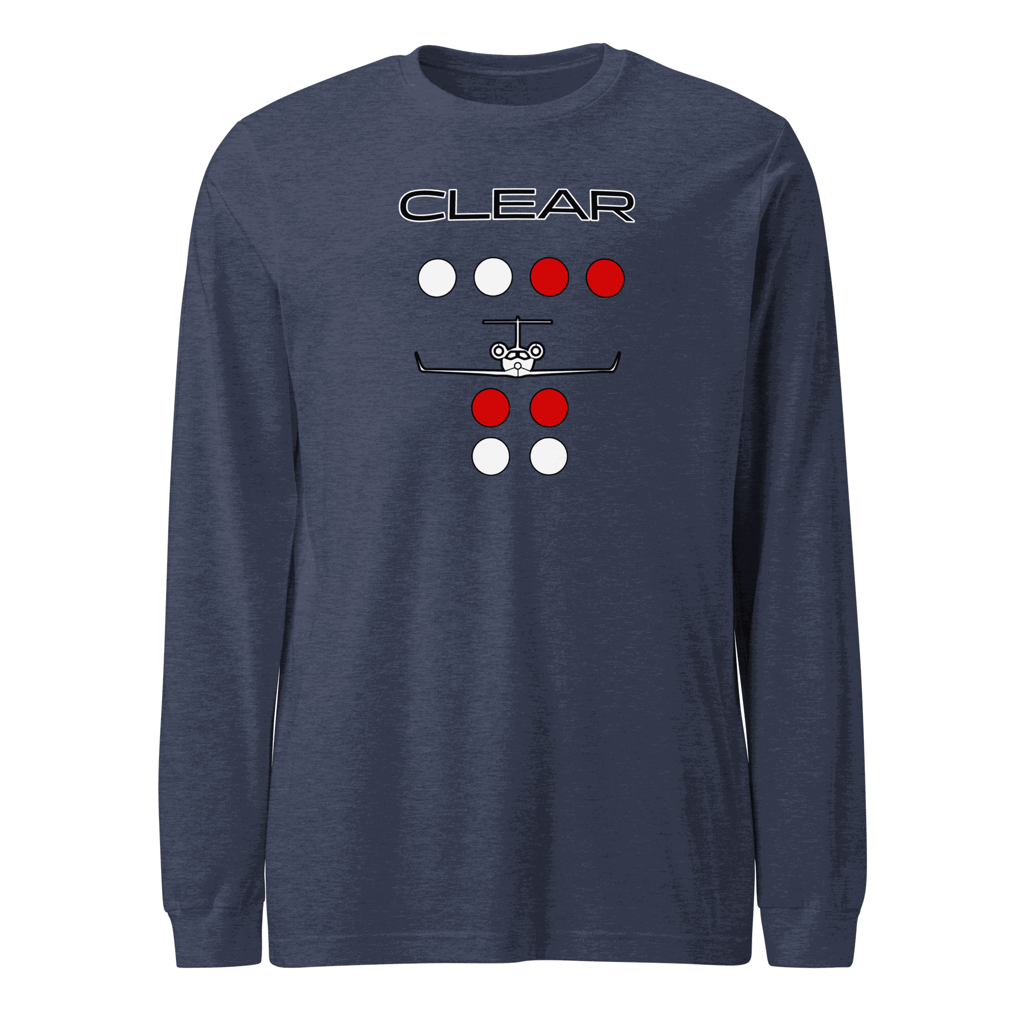 Clear to land private jet flying T-shirt unisex long sleeve tee in navy blue with aviation graphic design