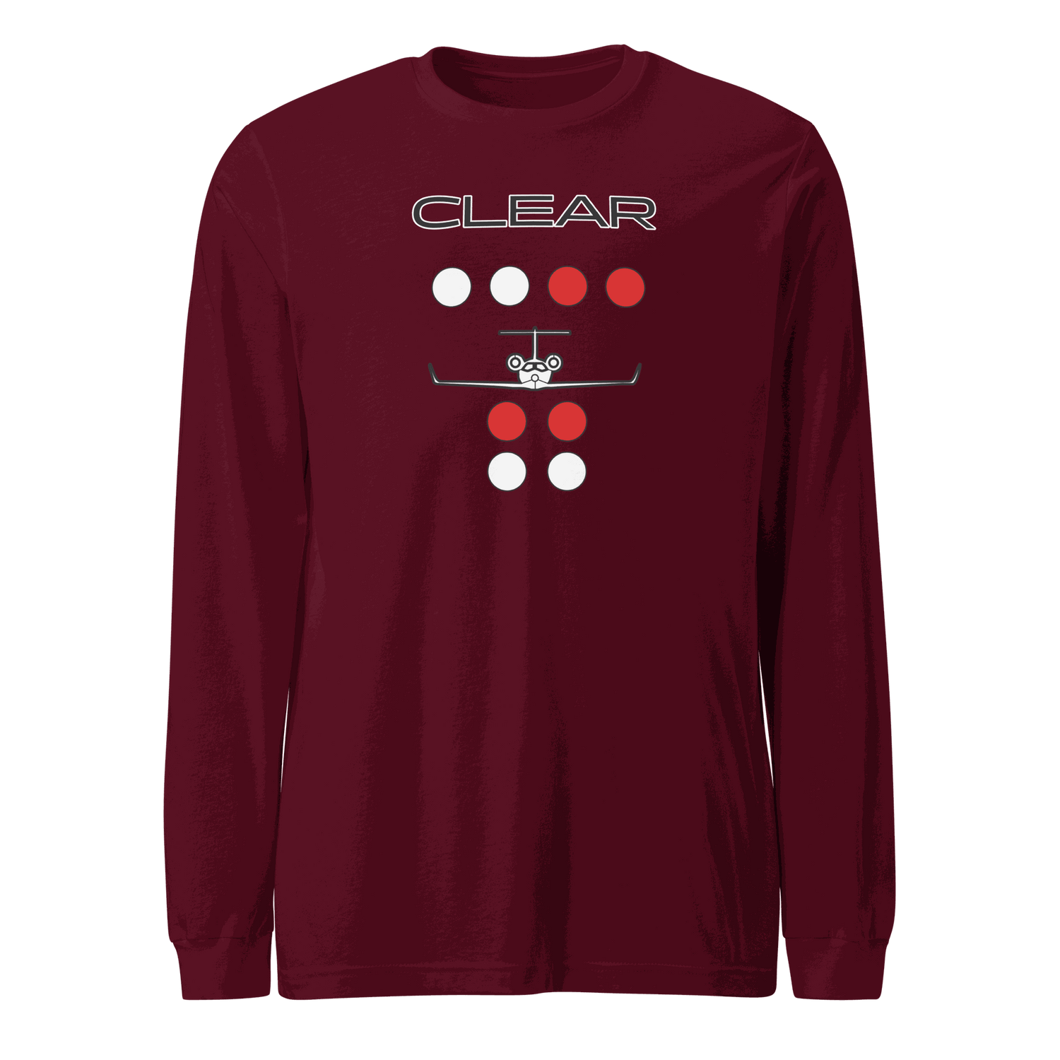 Maroon long sleeve flying T-shirt with Clear to Land private jet graphic, crew neck, and ribbed cuffs