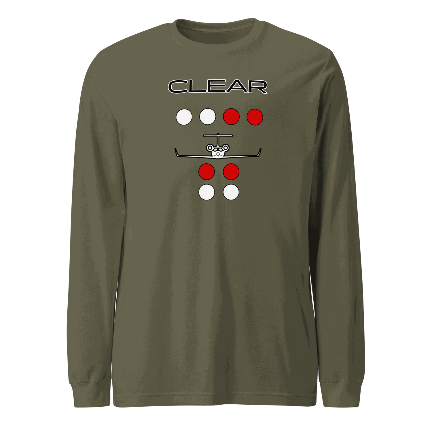 Unisex long sleeve flying T-shirt with Clear to Land private jet graphic in olive green