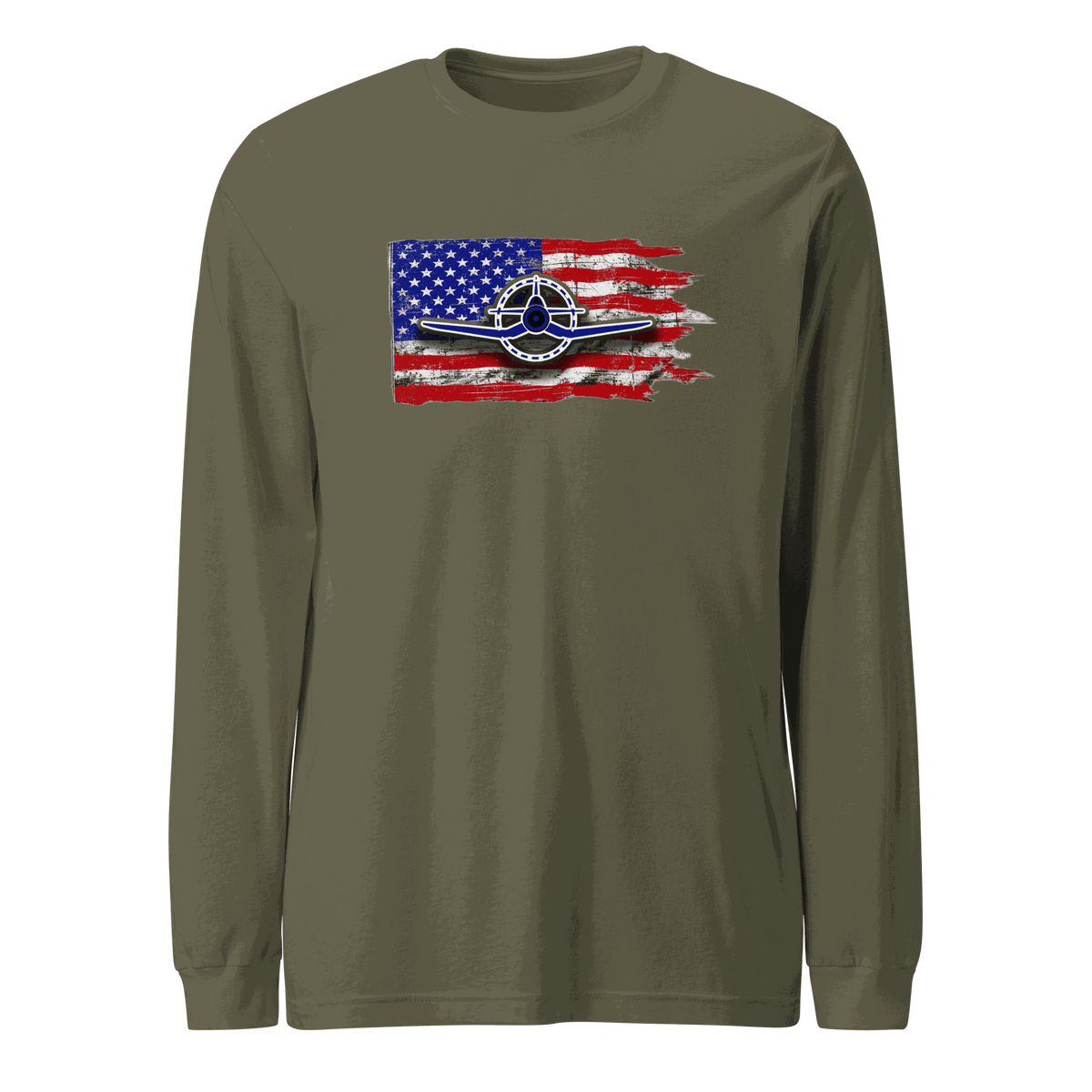 F4U Corsair Airplane Tee unisex long sleeve shirt in cotton blend with crew neck and ribbed cuffs